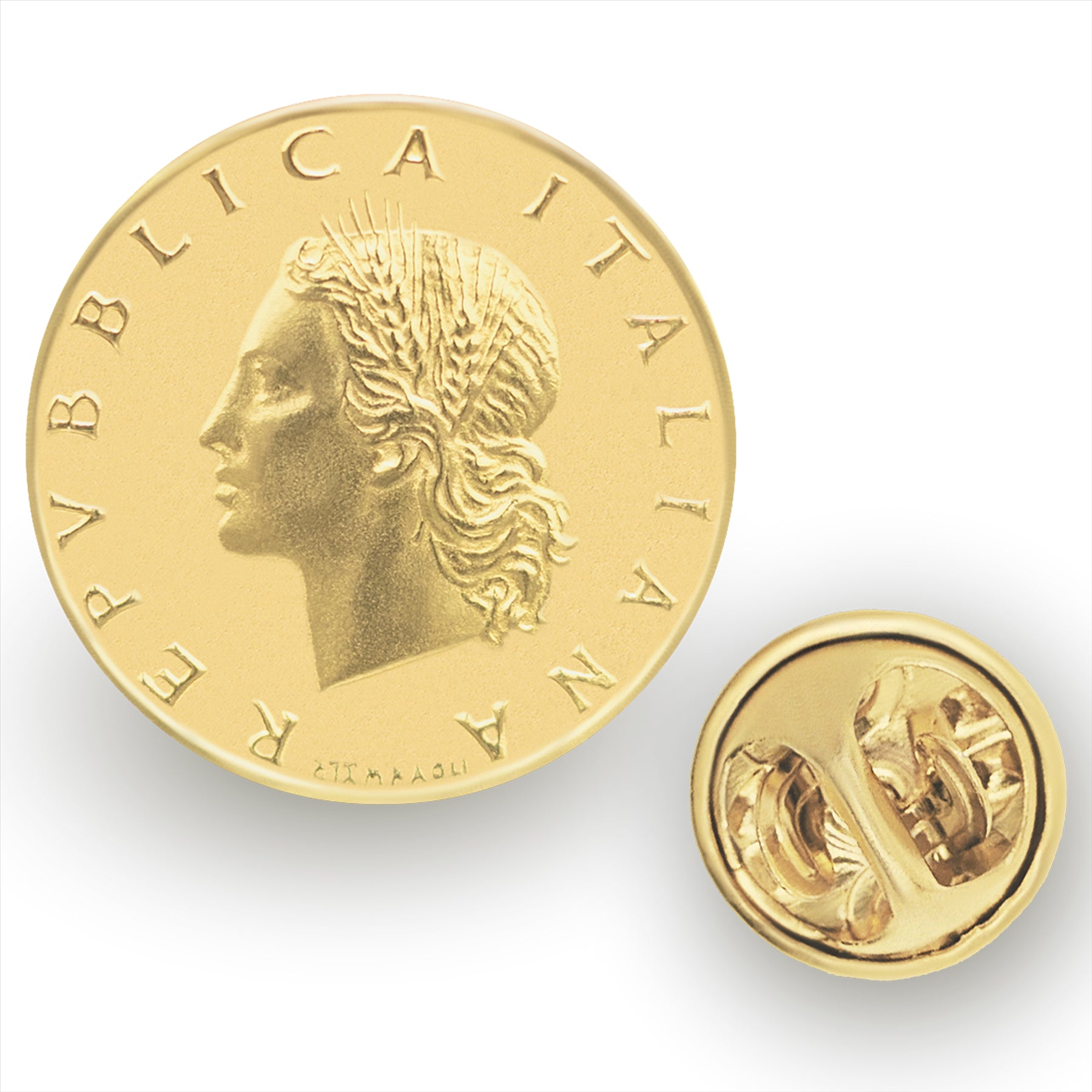 Italian Coin Pin Brooch Badge | Vintage Collectible Jewelry | 20 Lire 18K Gold Plated | Goddess Roma