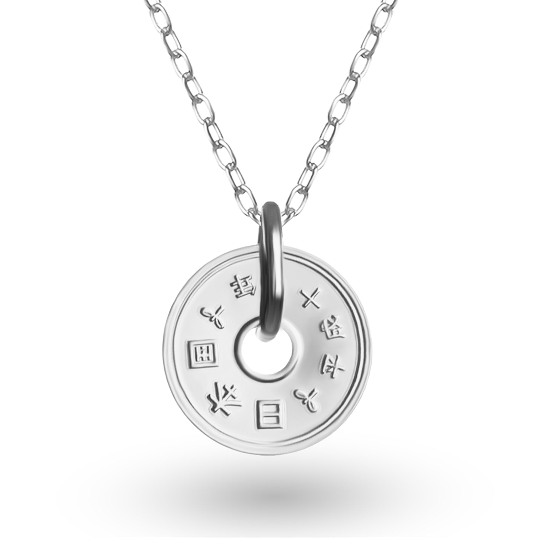 Collier avec pièce japonaise | Pendentif médaillon | Plaqué rhodium 5 yens | 1949-2024