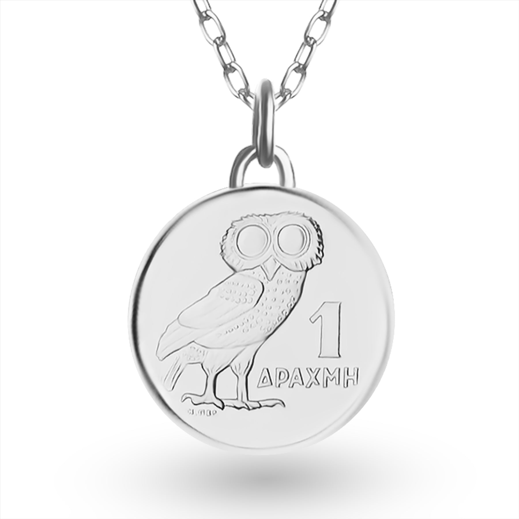 Collier plaqué rhodium avec véritable pièce grecque d'une drachme | Médaillon | Chouette | 1973
