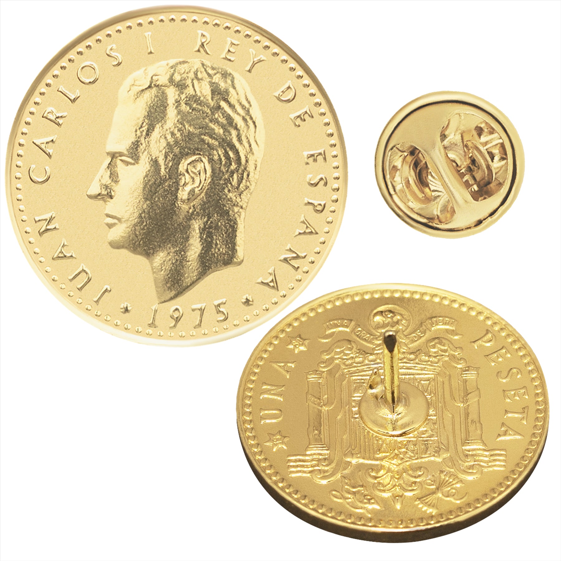 Spanish Coin Pin Brooch Badge | Vintage Collectible Jewelry | 1 Peseta 18K Gold Plated | King Juan Carlos I