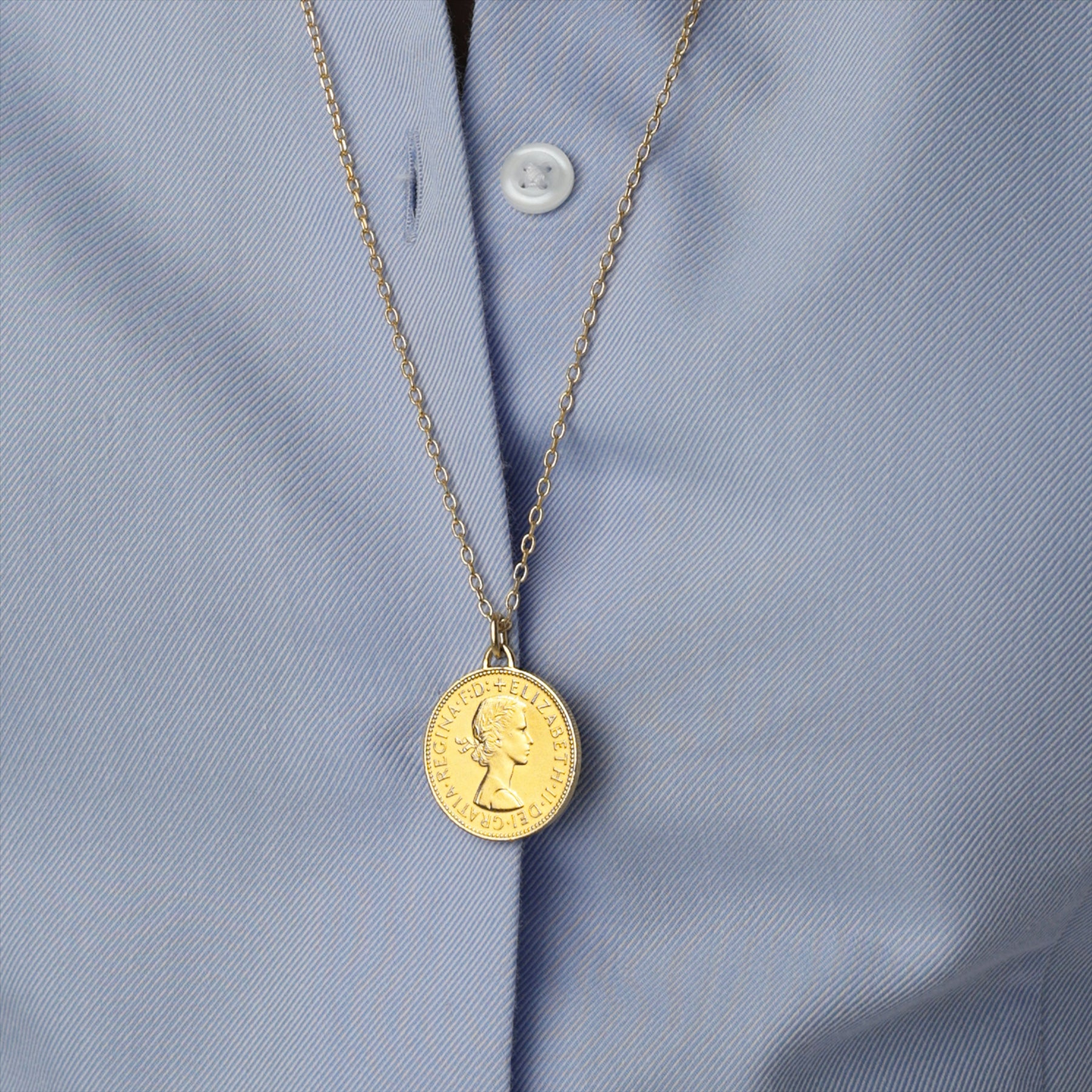 British Coin Necklace | Medallion Pendant Jewelry | 18K Gold Plated 1/2 Penny | Queen Elizabeth II | 1954 - 1970