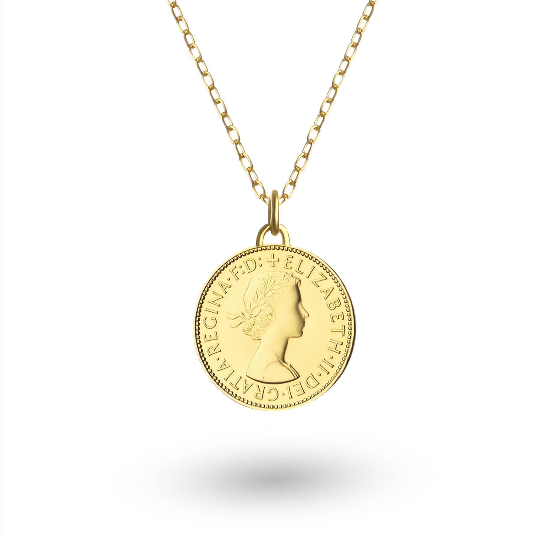 Collier avec pièce de monnaie britannique | Pendentif médaillon | 1/2 penny plaqué or 18 carats | Reine Élisabeth II | 1954-1970