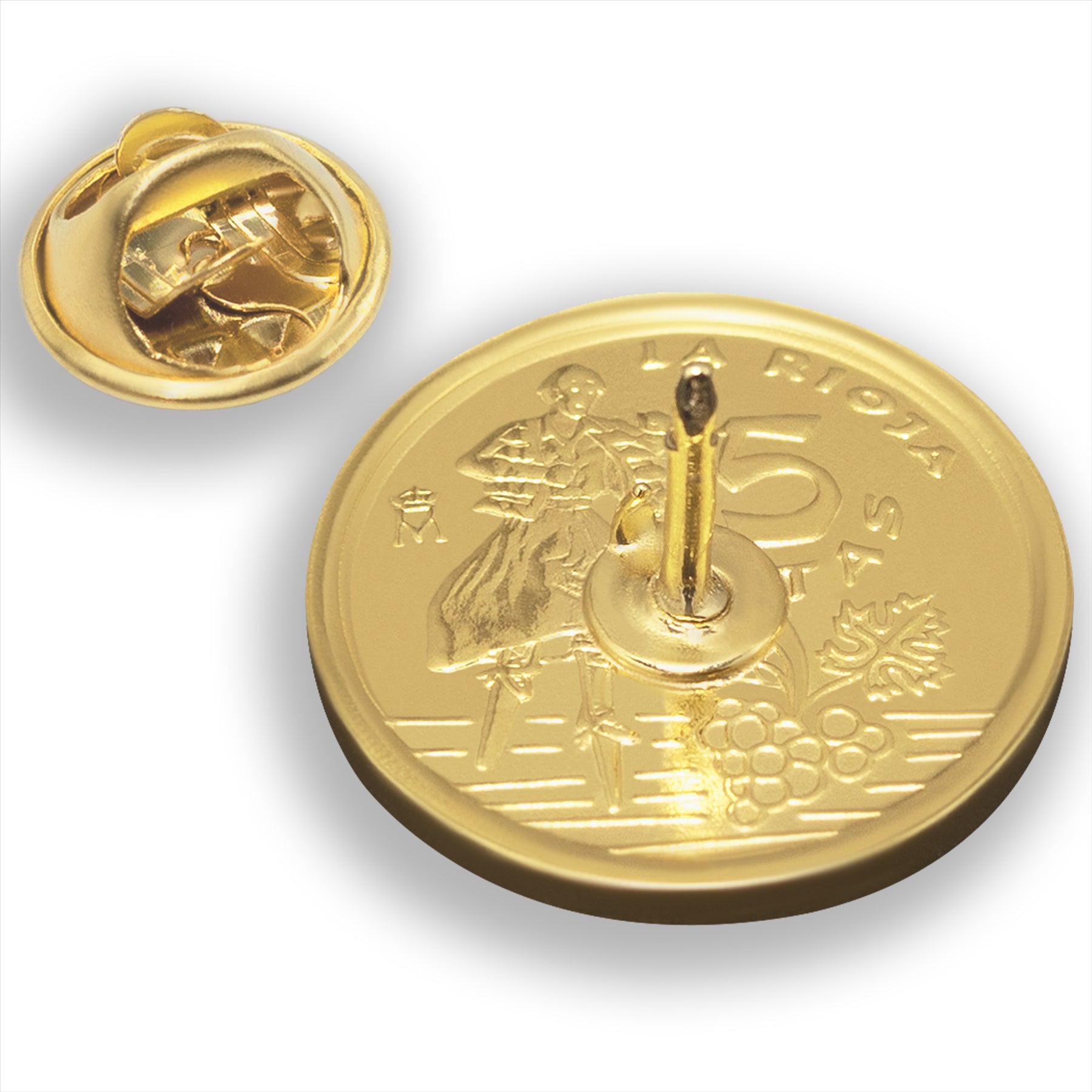 Broche-épingle en forme de pièce de monnaie espagnole | Bijoux vintage de collection | 5 pesetas plaquées or 18 carats | Porte de Charles Quint | 1996 | Renaissance espagnole et grandes réalisations historiques