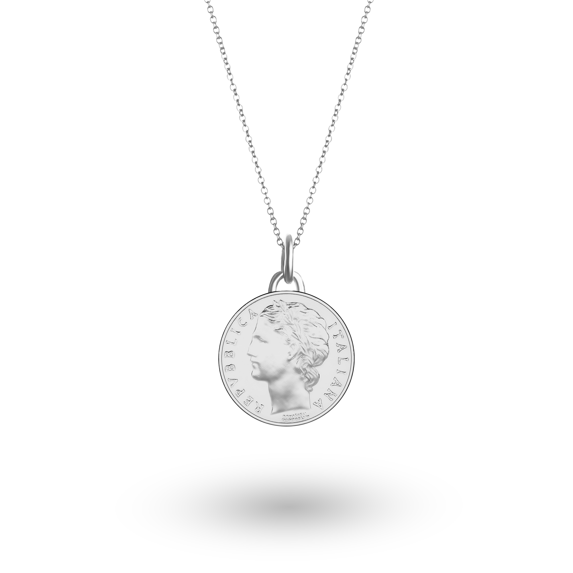 Italian Coin Necklace | Medallion Pendant Jewelry | Rhodium Plated 100 Lira | Goddess Minerva | 1990 - 1992