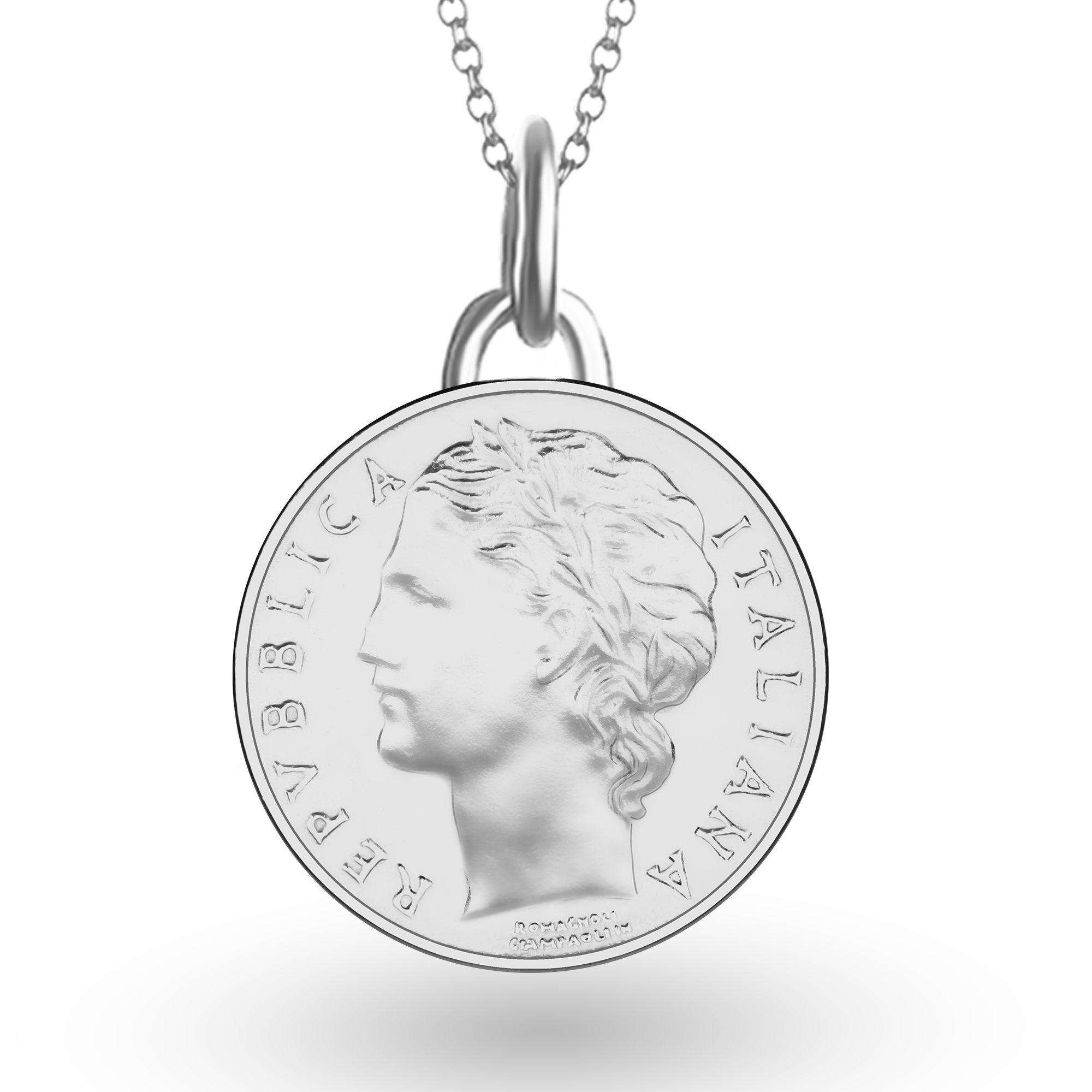Italian Coin Necklace | Medallion Pendant Jewelry | Rhodium Plated 100 Lira | Goddess Minerva | 1990 - 1992