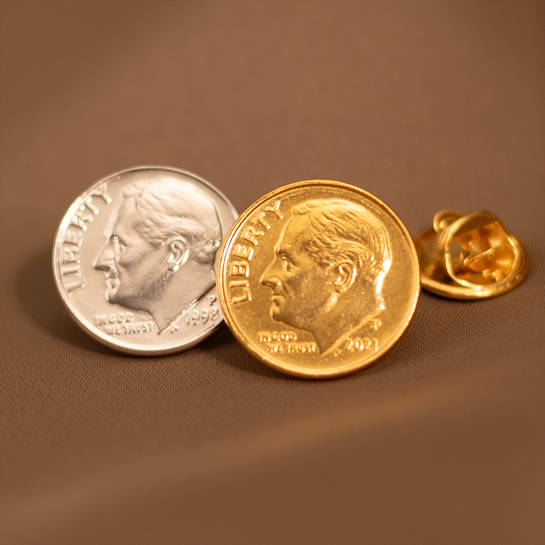 USA Coin Pin Brooch Badge | Vintage Collectible Jewelry | One Dime 18K Gold Plated | Roosevelt Dime | Proud Veteran