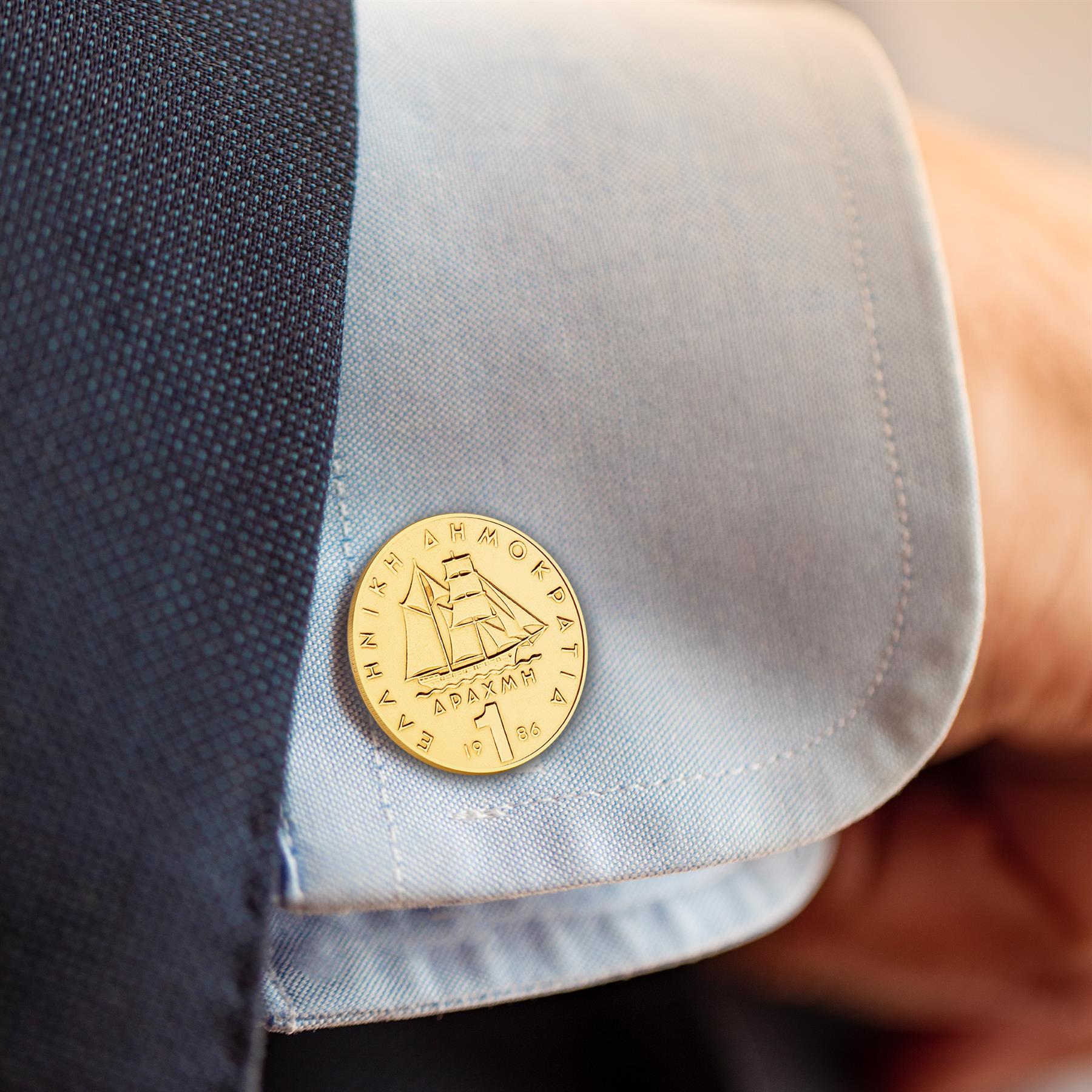 Gold Plated Greek 1 Drachma Coin Cufflinks | Constantine Kanaris & Corvette Ship | Handmade in Greece 1976 - 1986