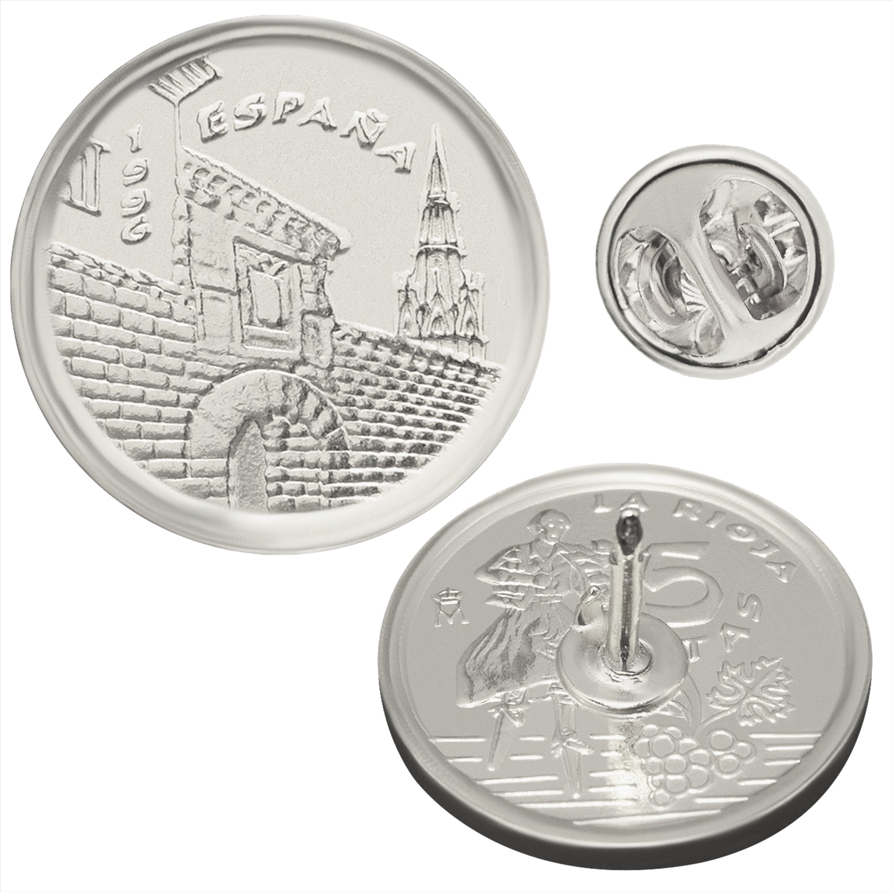 Broche con moneda española | Joyería vintage de colección | 5 pesetas niqueladas | Puerta de Carlos V | 1996 | Renacimiento español y logros históricos