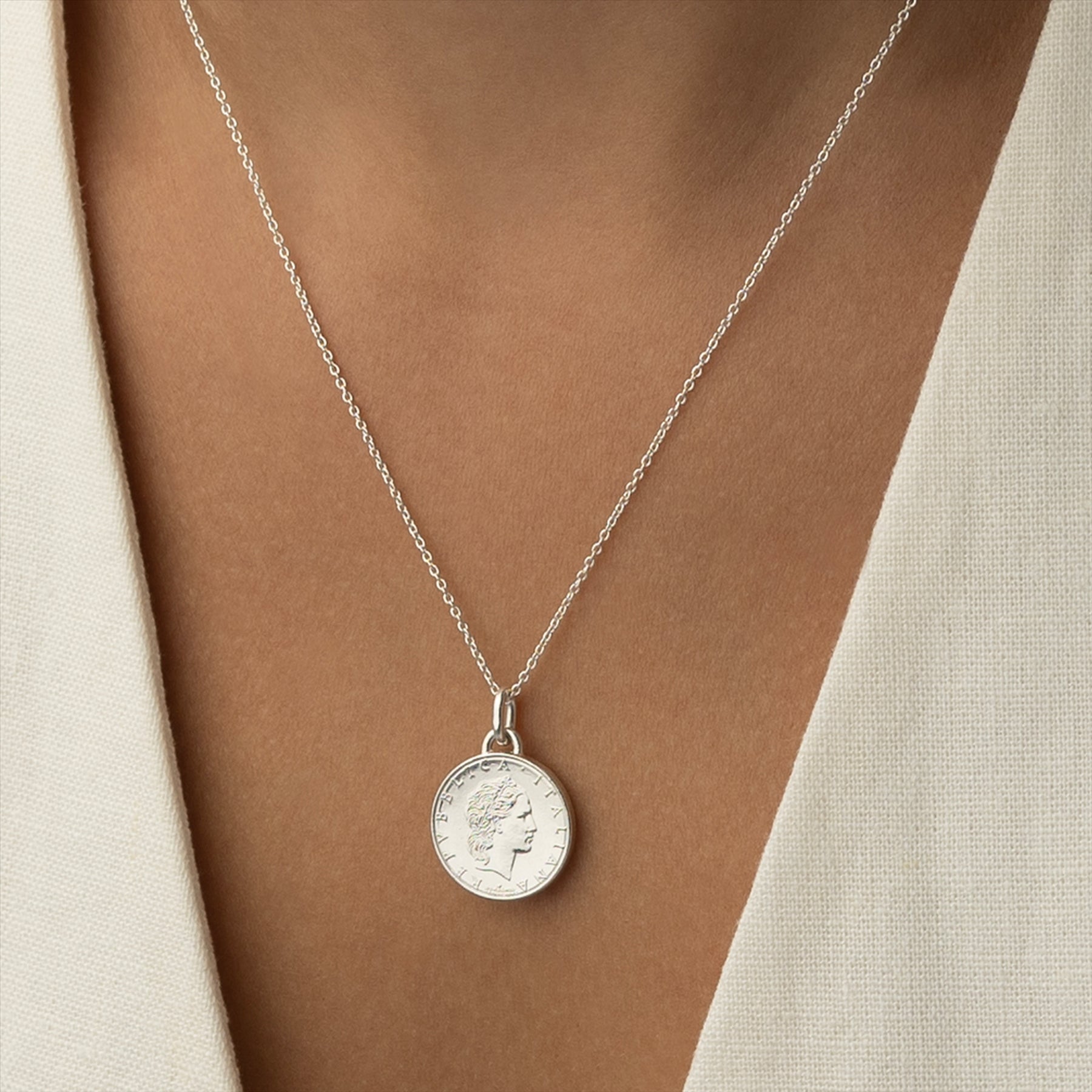 Italian Coin Necklace | Medallion Pendant Jewelry | Rhodium Plated 50 Lira | 1990 - 1995