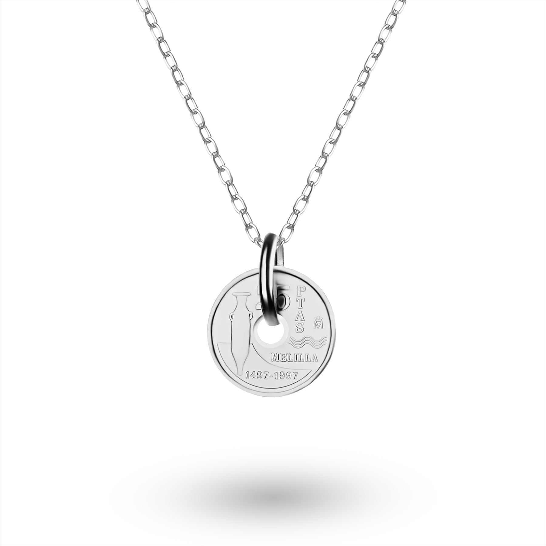 Collier avec pièce de monnaie espagnole | Pendentif médaillon | 25 pesetas plaquées rhodium | Melilla | 1997