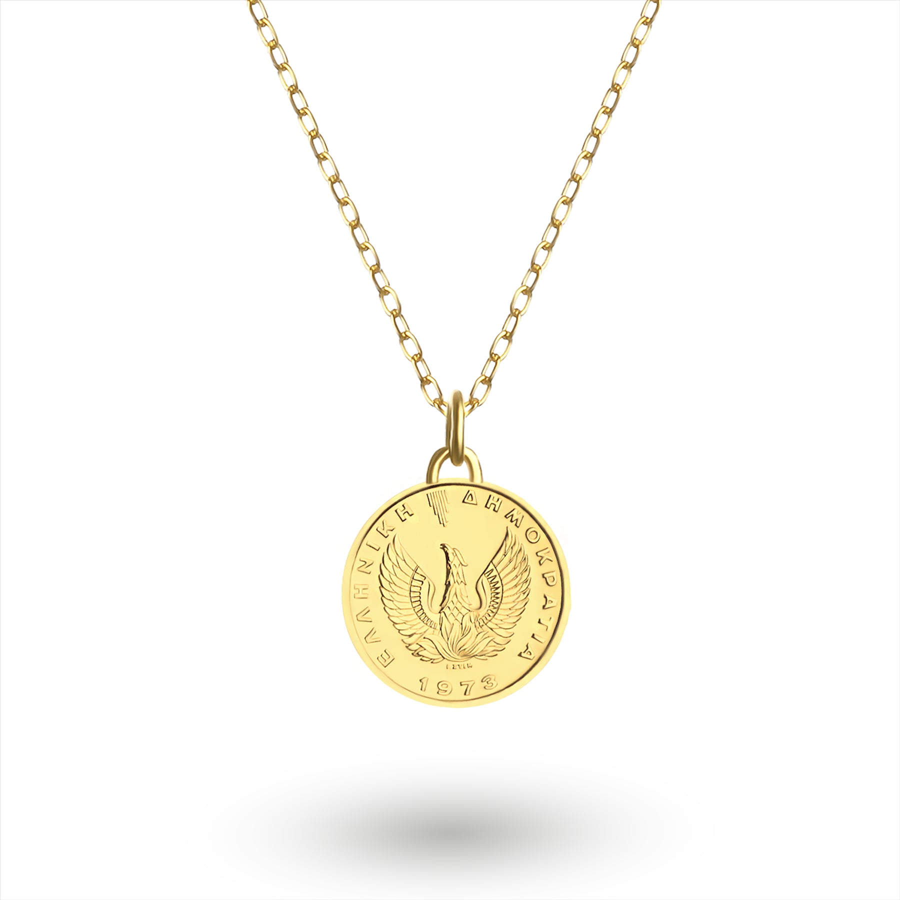 Collar con moneda griega de 1 dracma auténtica, bañado en oro de 24 quilates | Medallón | Búho | 1973