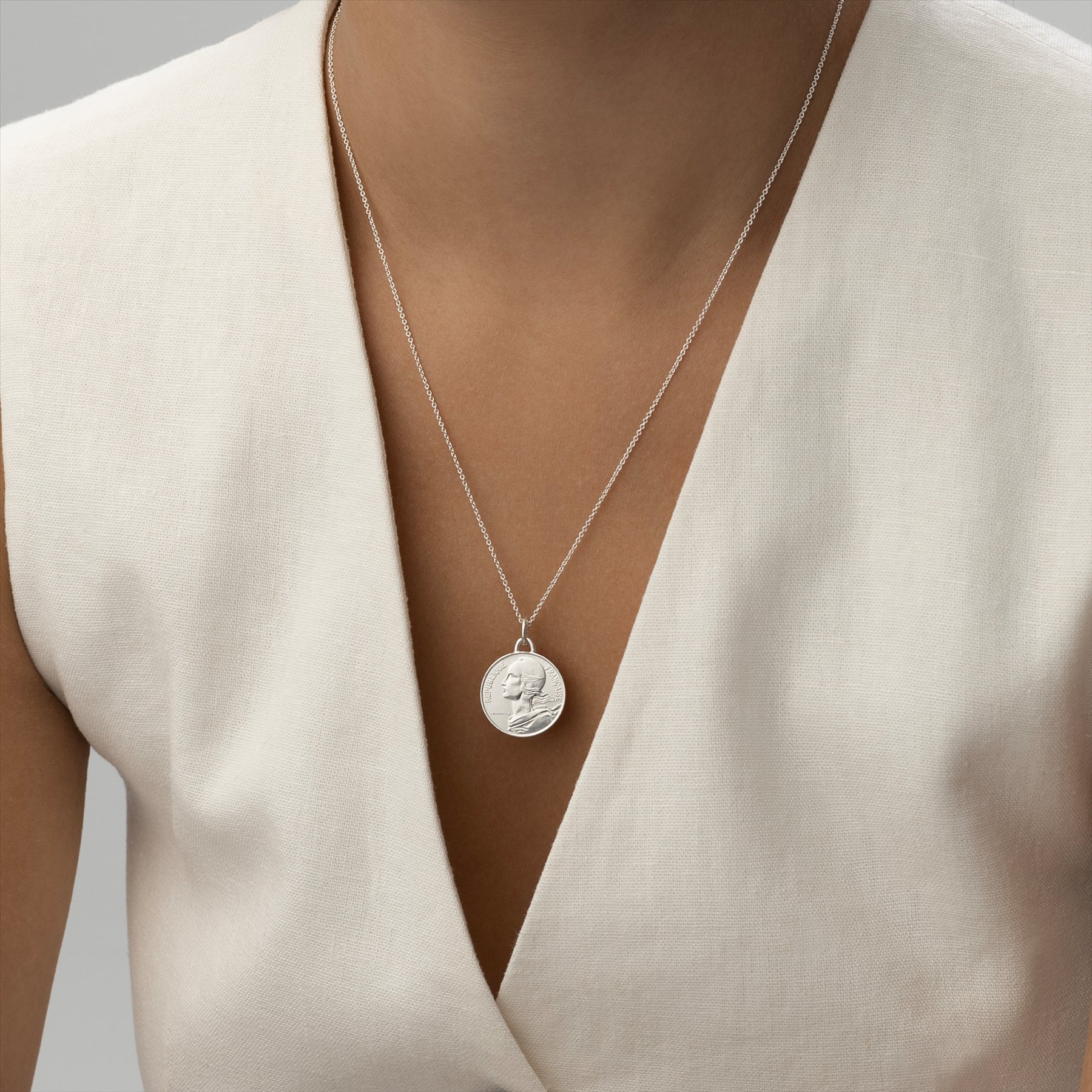 French Coin Necklace | Medallion Pendant Jewelry | Rhodium Plated 10 Centimes | 1966 - 2001