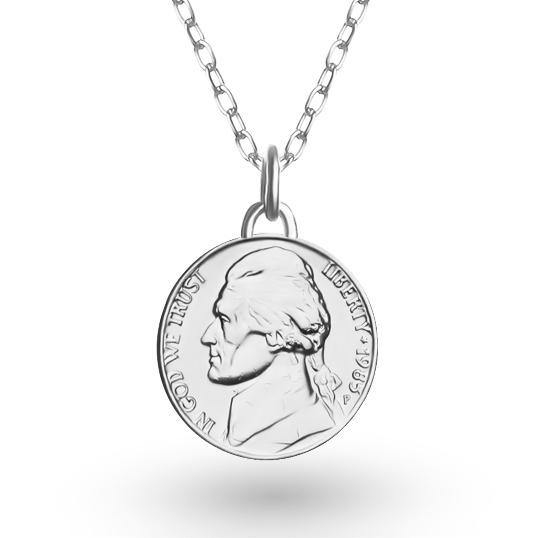 Collier avec pièce de monnaie américaine | Pendentif médaillon | Pièce de 5 cents des États-Unis plaquée rhodium | T. Jefferson | 2002