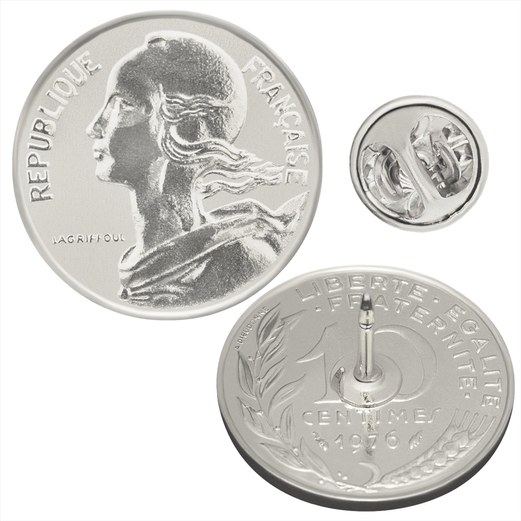 Broche pièce de monnaie française | Bijou vintage de collection | 10 centimes plaqué nickel | Déesse de la Liberté, de l'Égalité et de la Fraternité