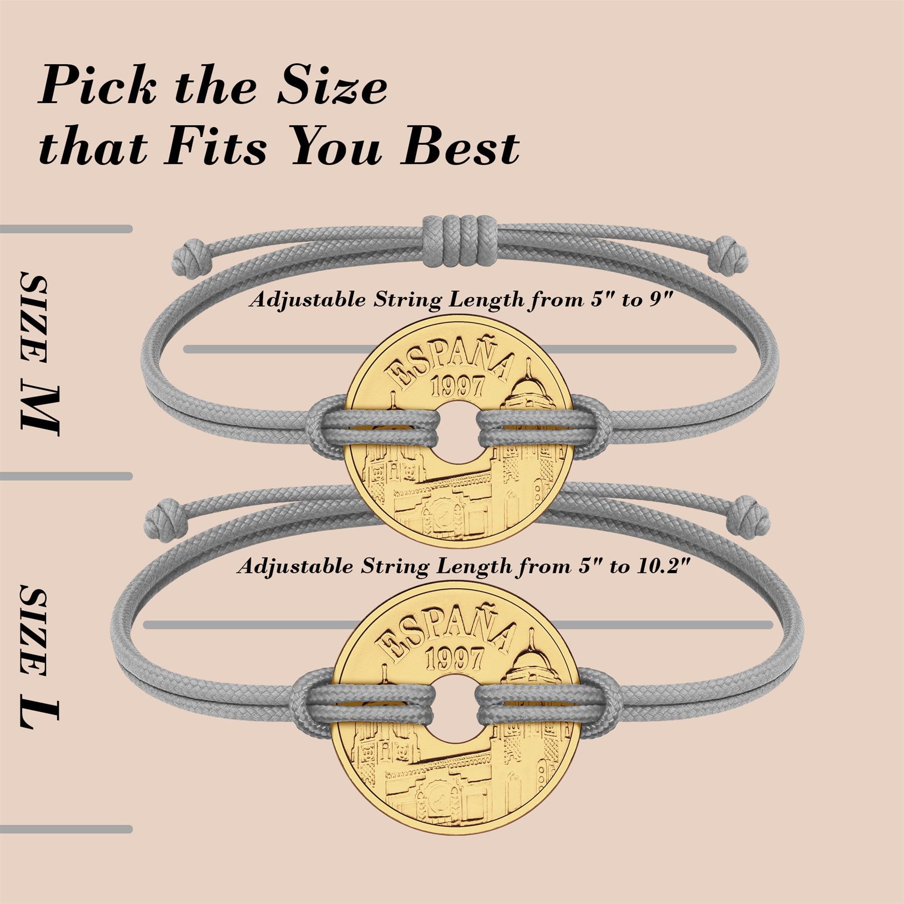 Good Luck Coin Bracelet | Gray String Thread Wristband | Spain 25 Pesetas | 18k Gold Plated Fortune Wealth & Protection