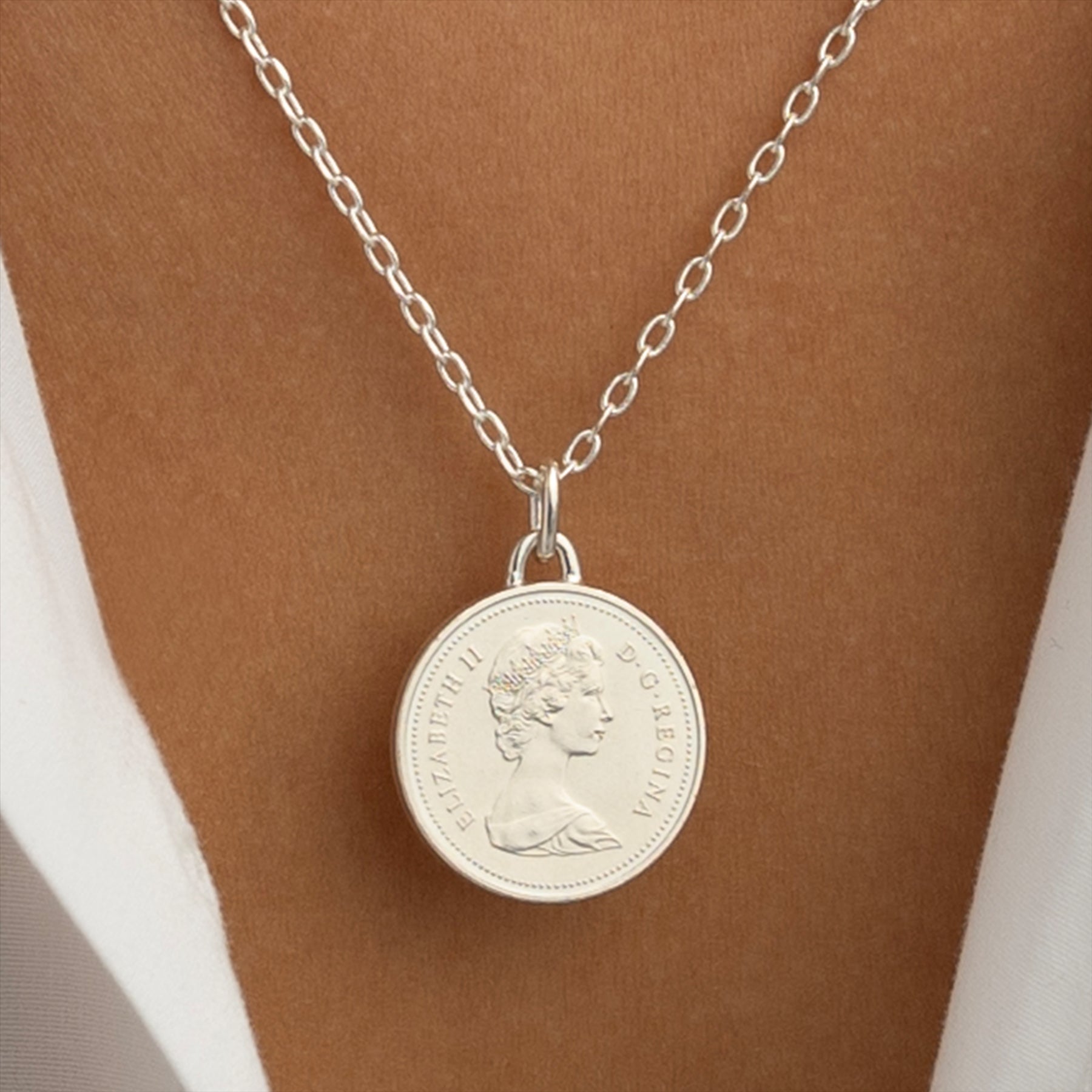 Canadian Coin Necklace | Medallion Pendant Jewelry | Rhodium Plated 5 Cents | Queen Elizabeth II | 1965 - 1989
