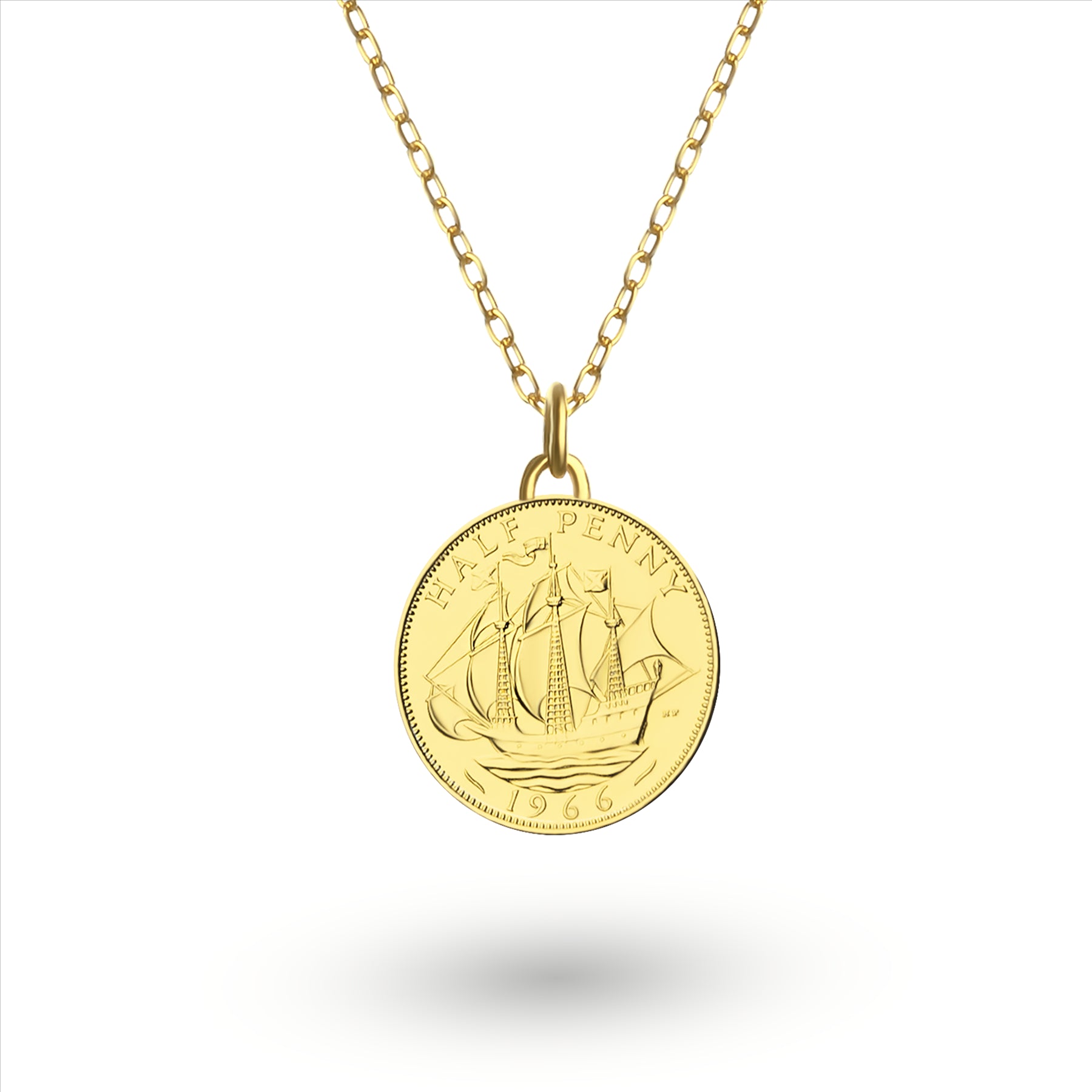 British Coin Necklace | Medallion Pendant Jewelry | 18K Gold Plated 1/2 Penny | Queen Elizabeth II | 1954 - 1970