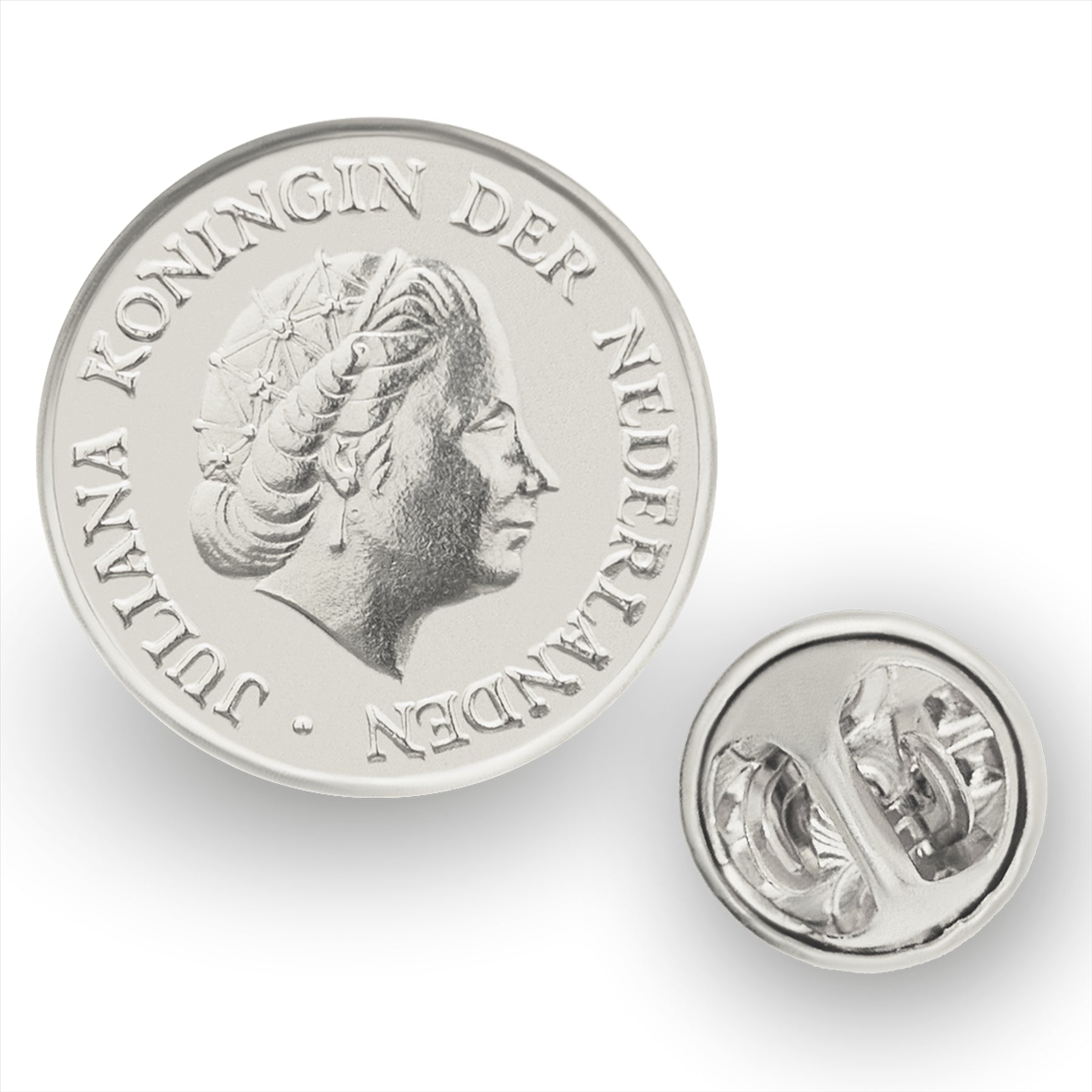 Broche Pièce de monnaie néerlandaise | Bijoux vintage de collection | Pièce de 5 centimes plaquée nickel | Reine Juliana