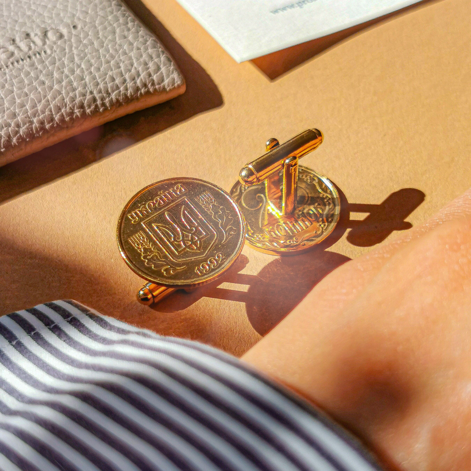 Gold Plated Ukrainian 25 Kopiyok Coin Cufflinks | Trident On Shield Design | Handcrafted Ukrainian Gift