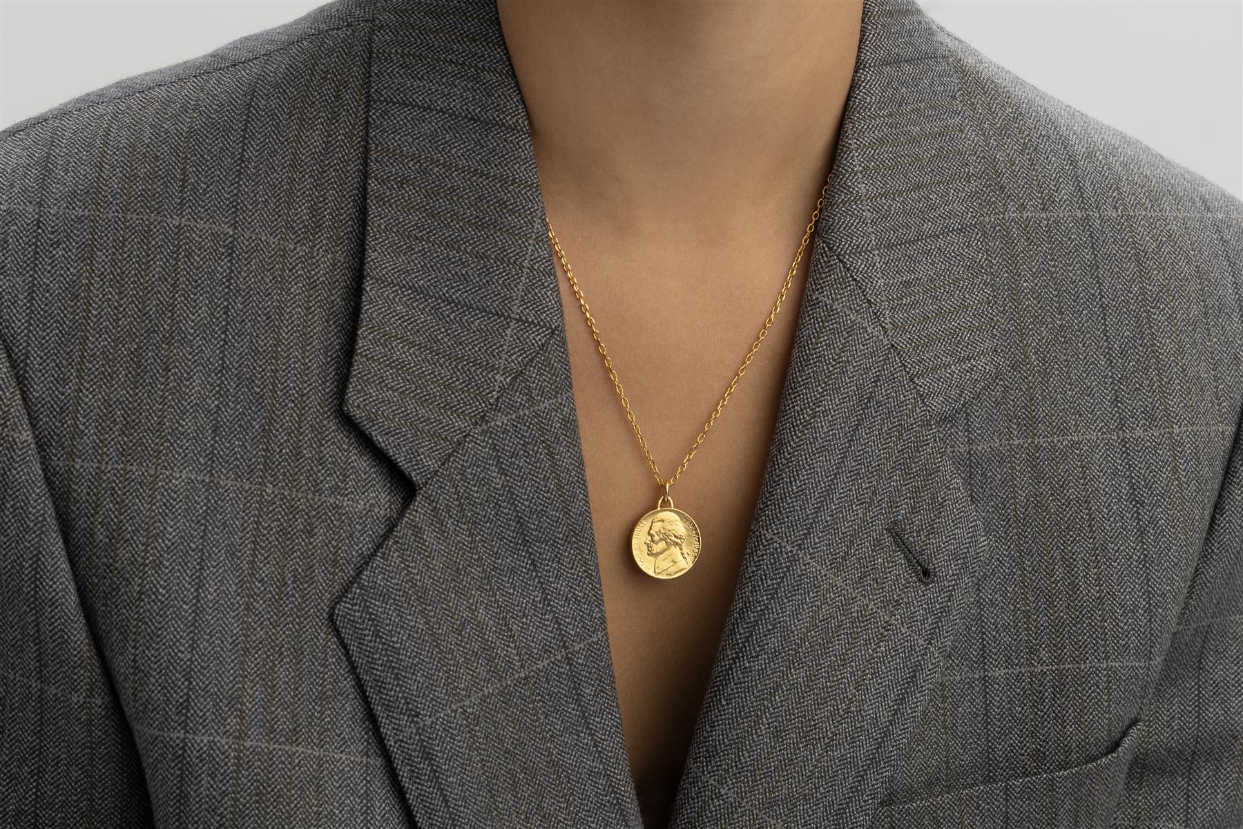 US Coin Necklace | Medallion Pendant Jewelry | 18K Gold Plated United States 5 Cents | T. Jefferson | 2002