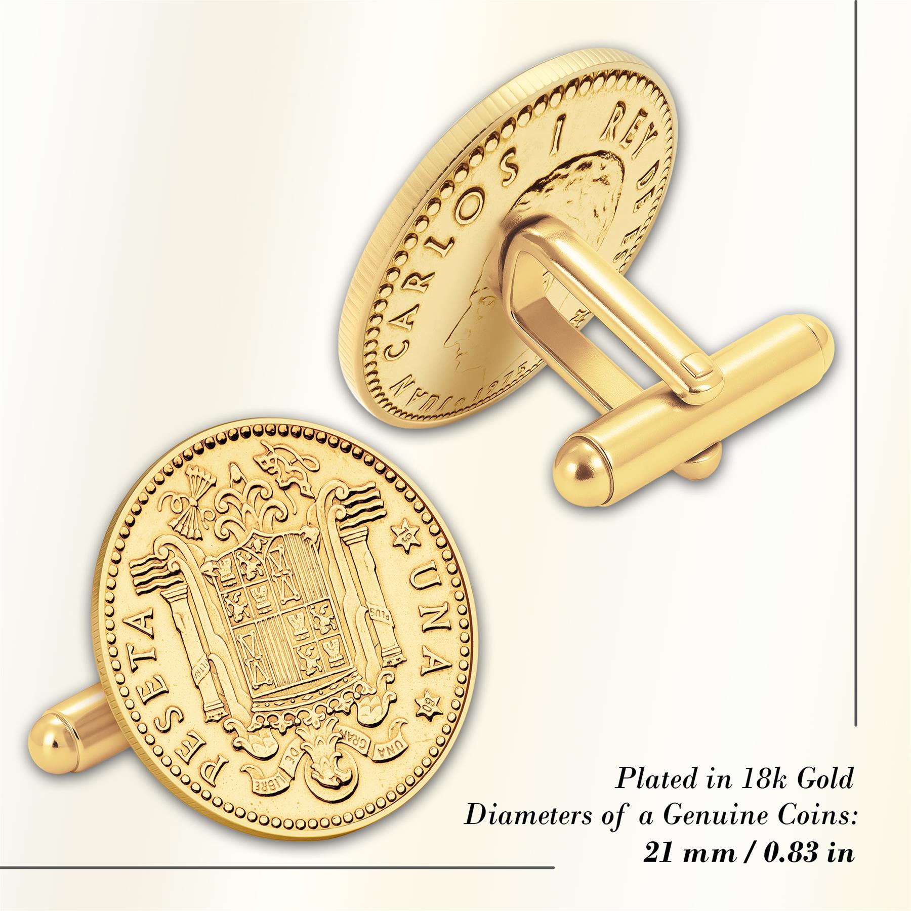 Gold Plated Spanish 1 Peseta Coin Cufflinks | King Juan Carlos I | Vintage Spain Gift