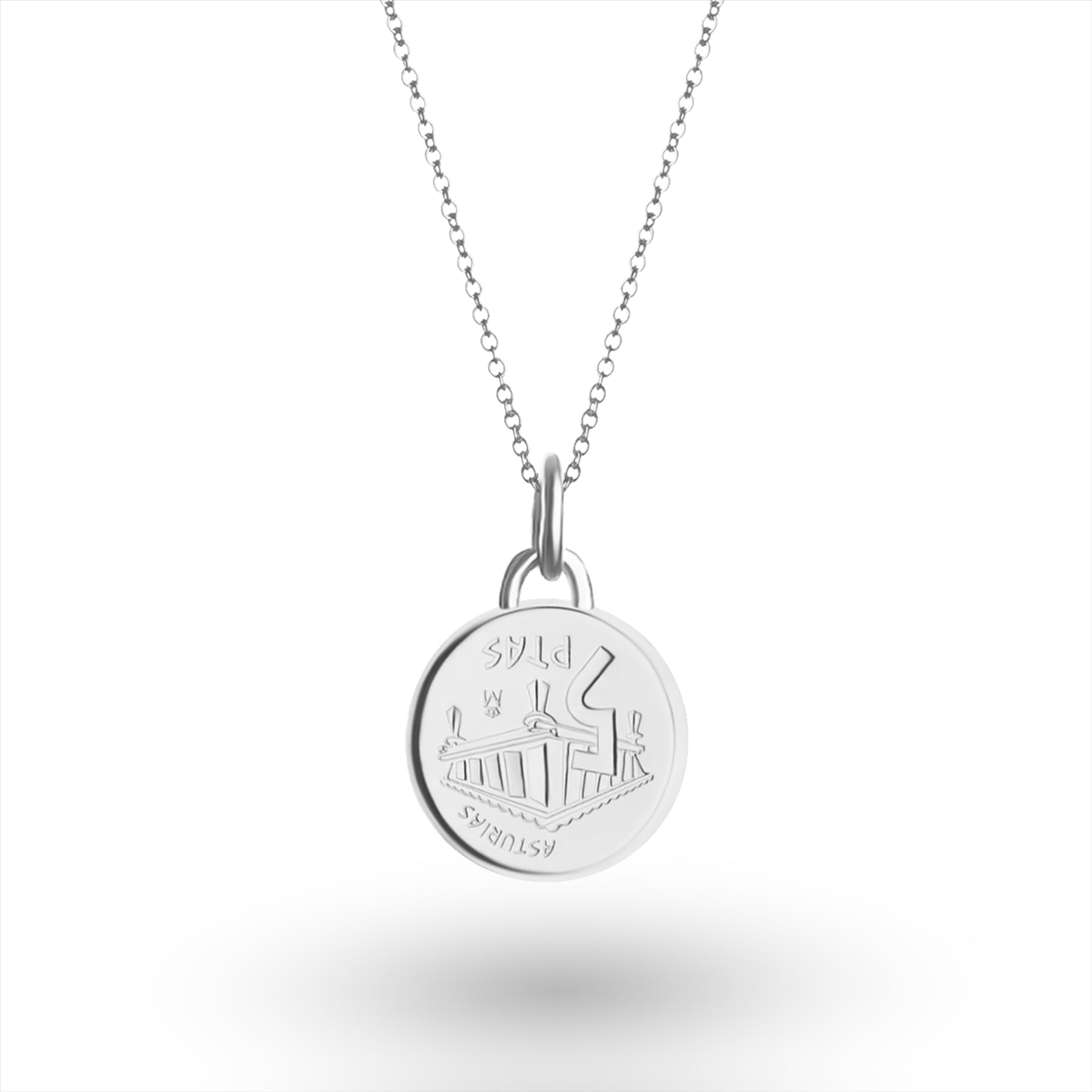 Collier avec pièce de monnaie espagnole | Pendentif médaillon | 5 pesetas plaquées rhodium | Asturies | 1995