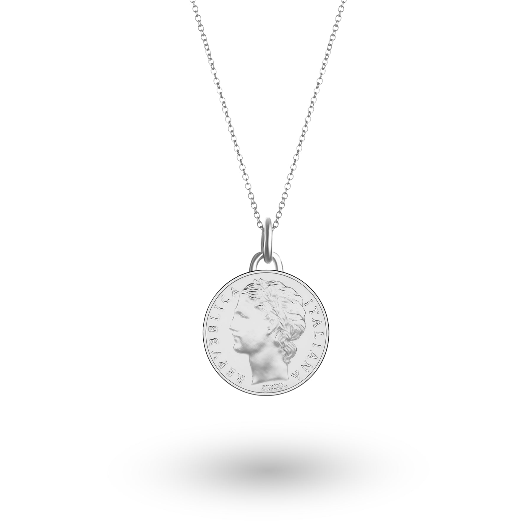 Collier avec pièce de monnaie italienne | Pendentif médaillon | 100 lires plaquées rhodium | Déesse Minerve | 1990-1992
