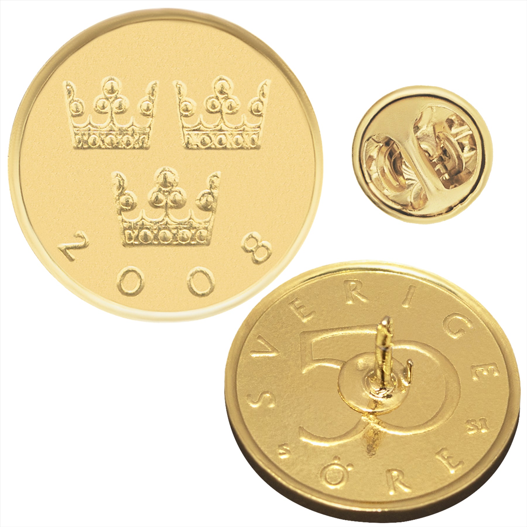 Sweden Coin Pin Brooch Badge | Vintage Collectible Jewelry | 50 Ore 18K Gold Plated | Three Crowns