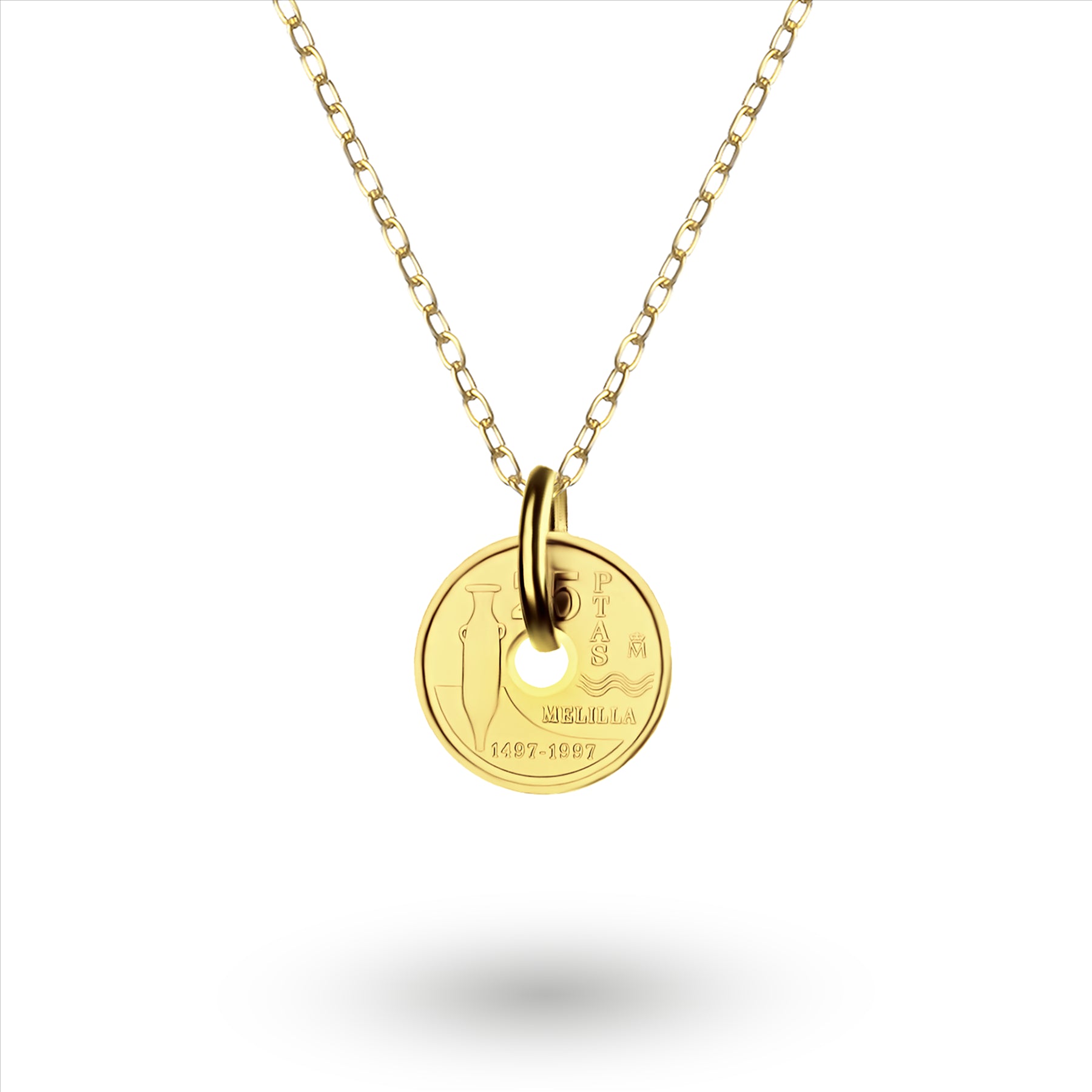 Moneda auténtica española de 25 pesetas bañada en oro de 24 quilates | Collar | Medallón | Melilla | 1997