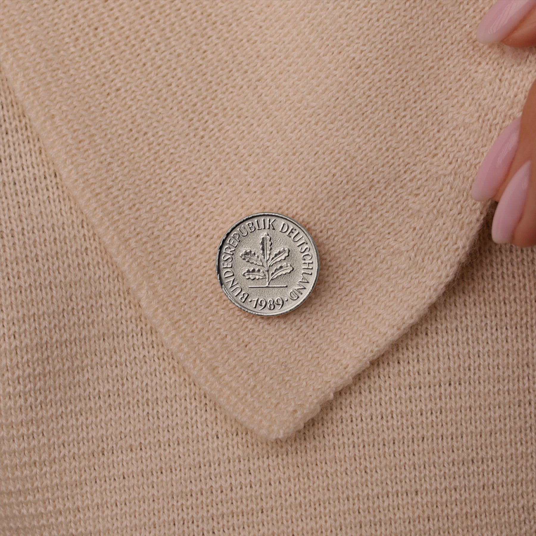 German Coin Pin Brooch Badge | Vintage Collectible Jewelry | 5 Pfennig Nickel Plated | Oak Seedling | German Roots