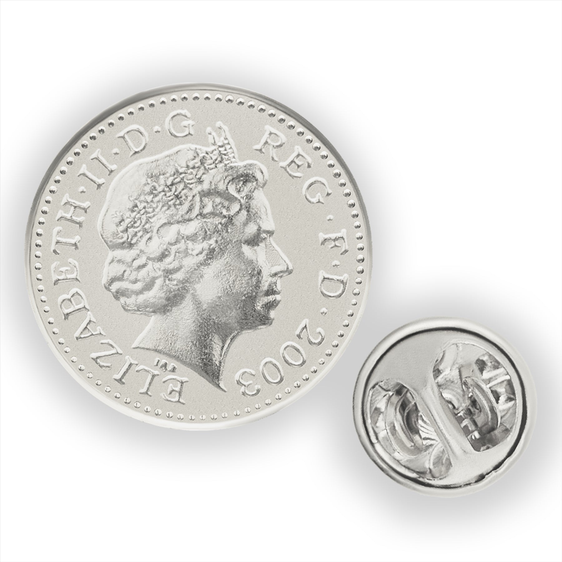 Broche et insigne de pièce de monnaie britannique | Bijou vintage de collection | Pièce de 1 penny nickelée | Reine Élisabeth II