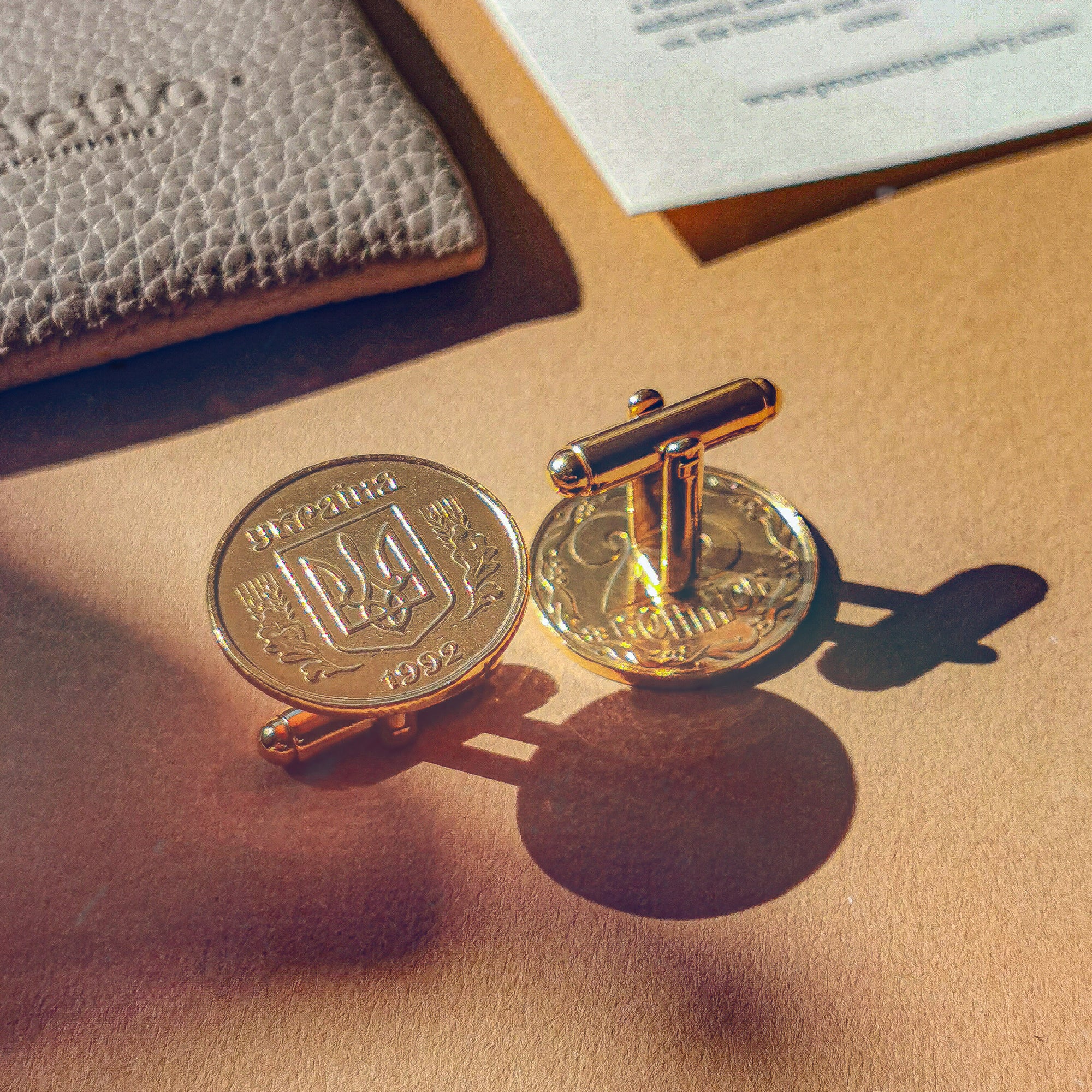 Gold Plated Ukrainian 25 Kopiyok Coin Cufflinks | Trident On Shield Design | Handcrafted Ukrainian Gift