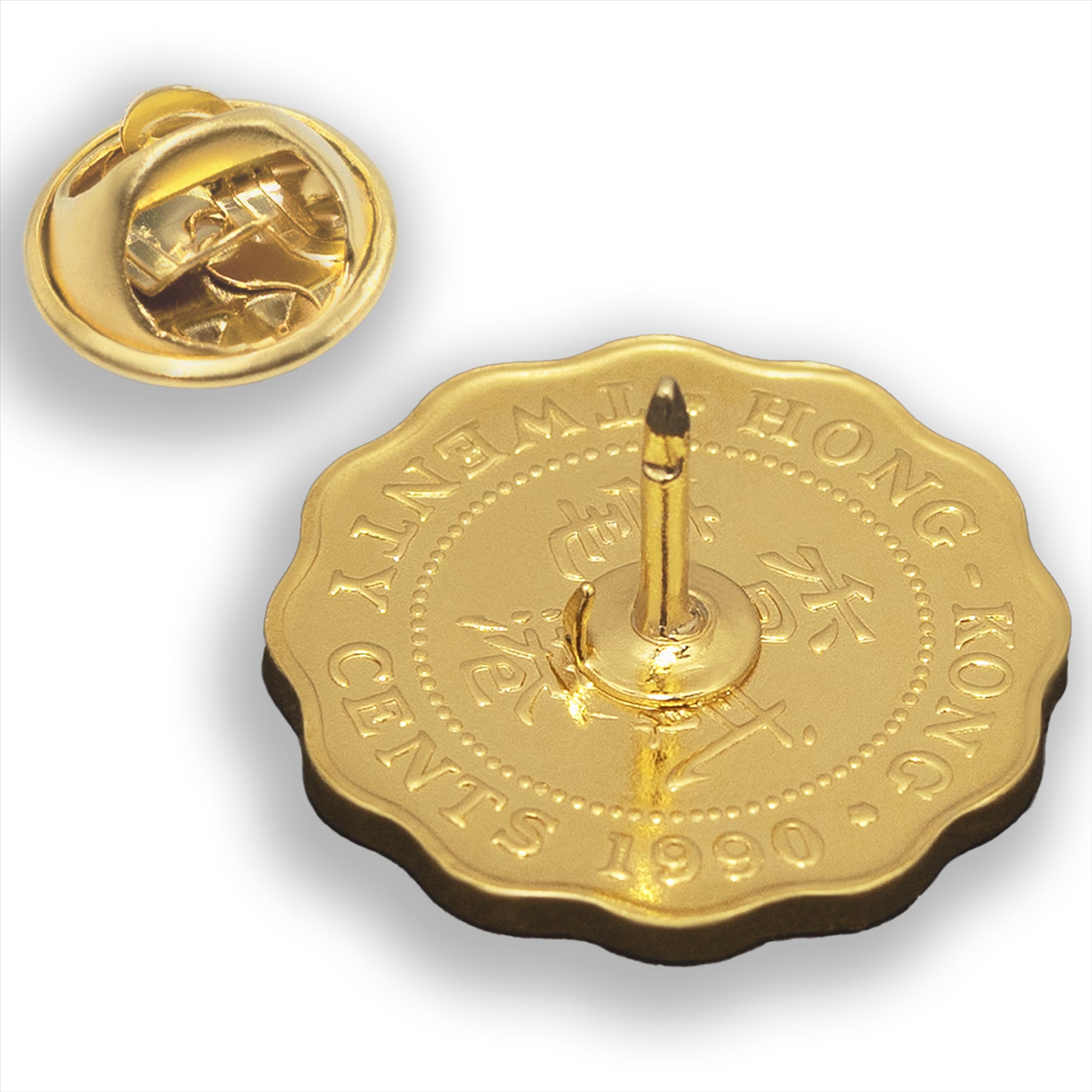 Hong Kong Coin Pin Brooch Badge | Vintage Collectible Jewelry | 20 Cents 18K Gold Plated | Queen Elizabeth II
