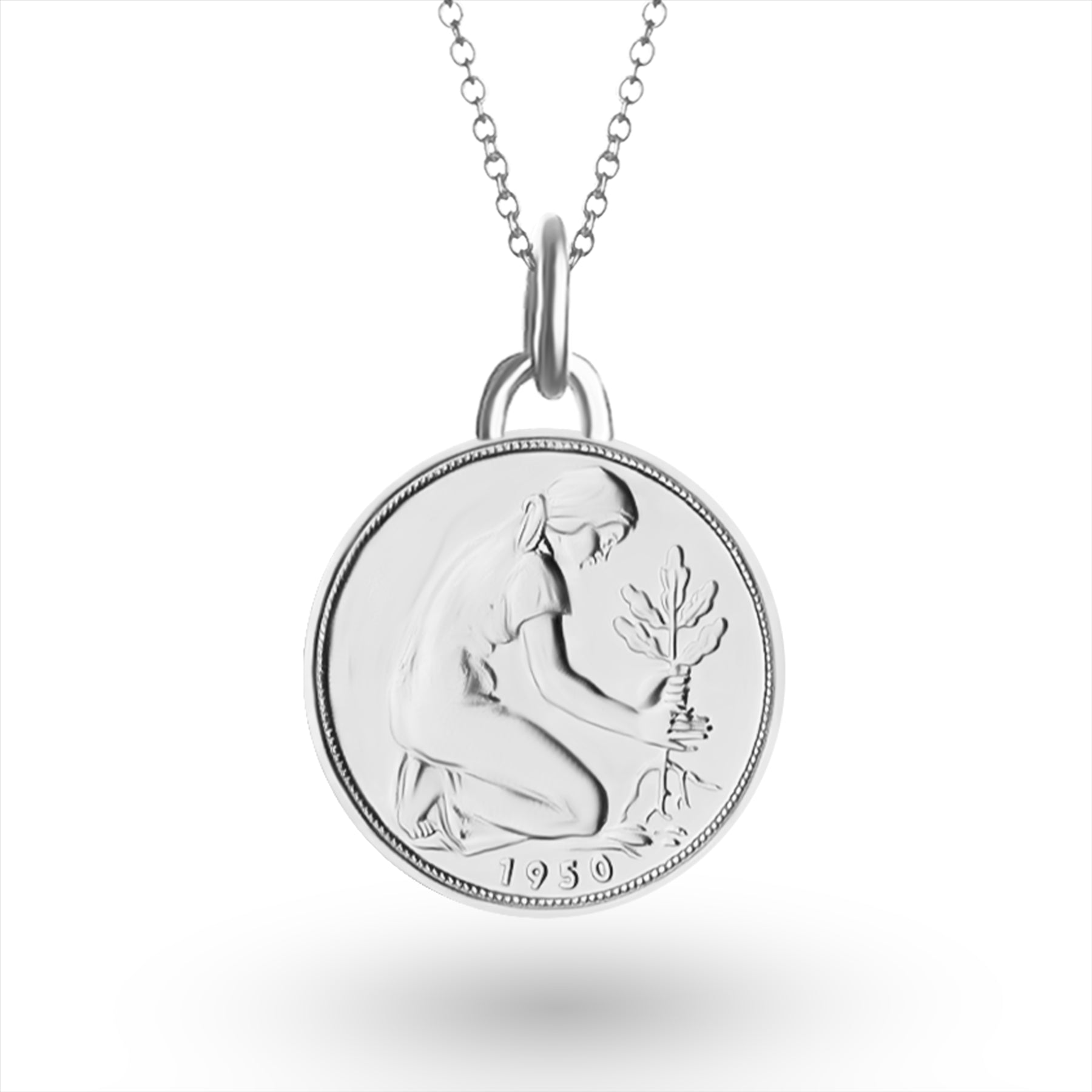 German Coin Necklace | Medallion Pendant Jewelry | Rhodium Plated 50 Pfennigs | 1950 - 2001