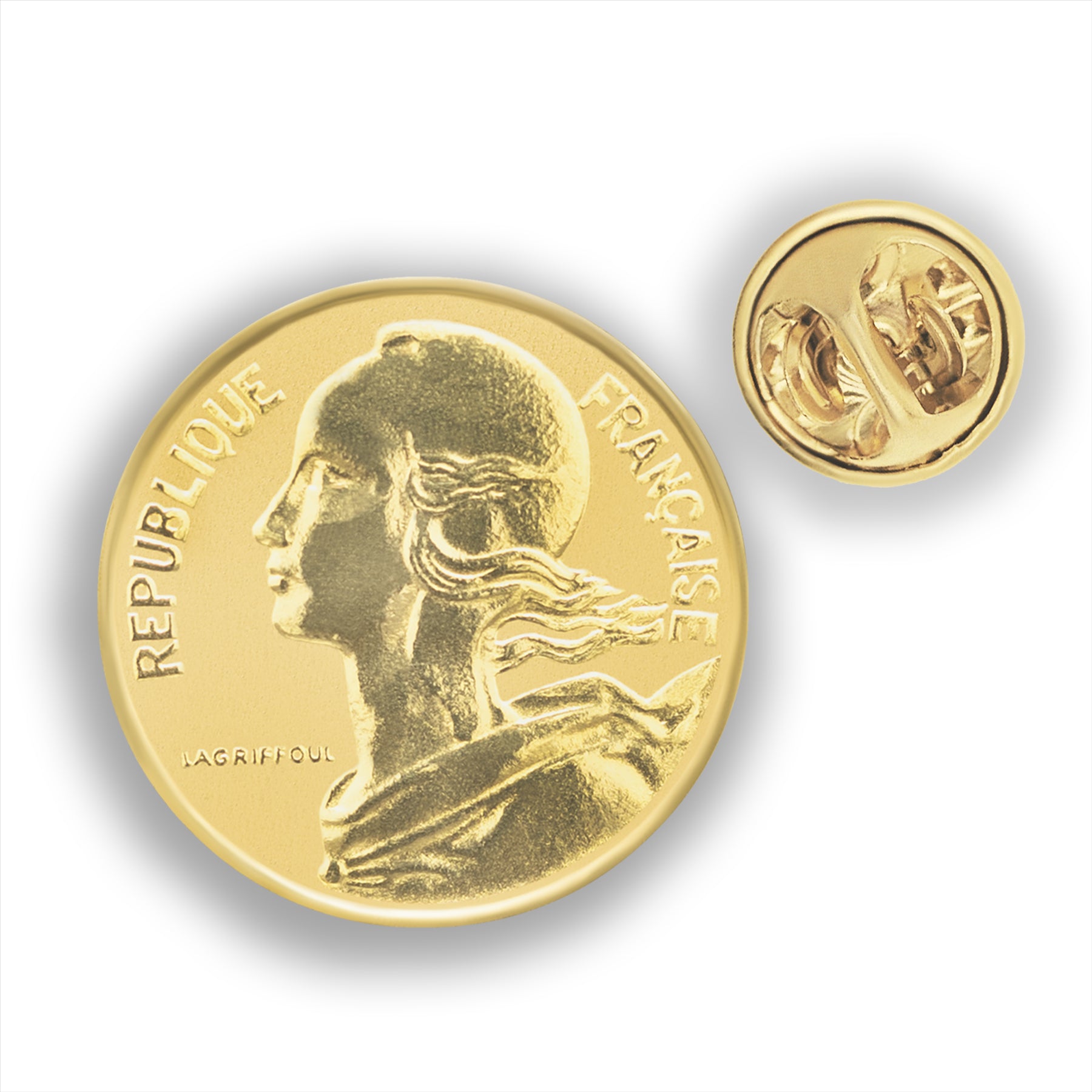 French Coin Pin Brooch Badge | Vintage Collectible Jewelry | 10 Centimes 18K Gold Plated | Goddess of Liberty Equality Fraternity