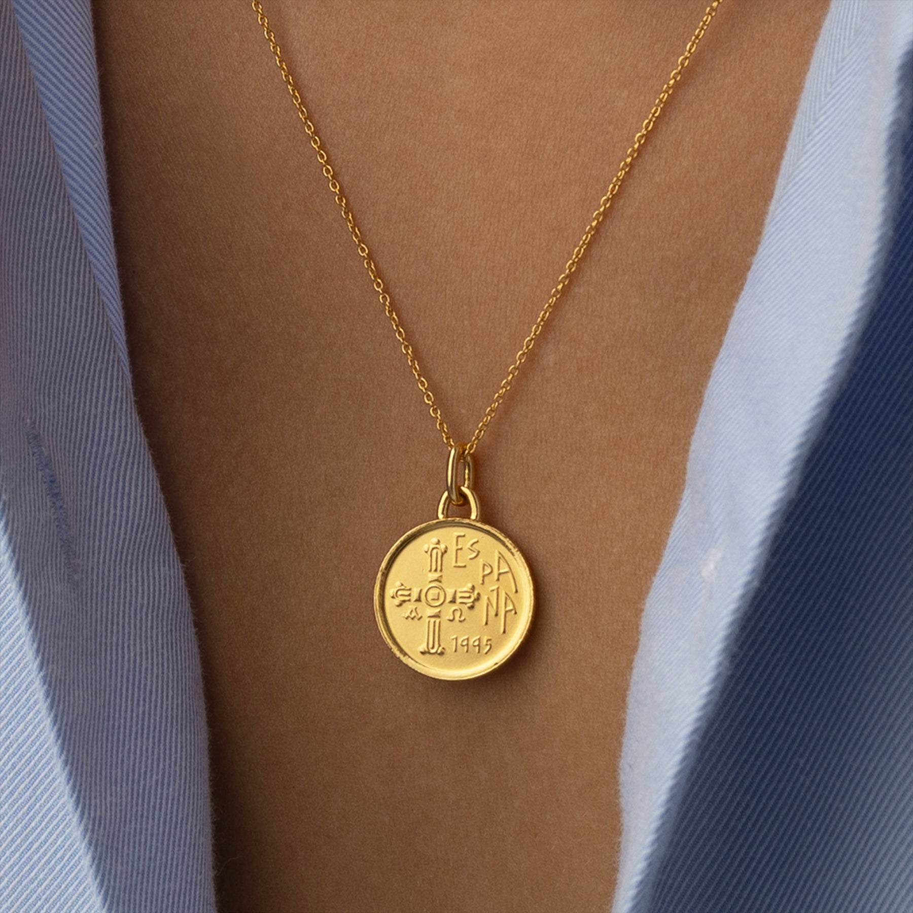 Collar con moneda de 5 pesetas españolas auténticas bañada en oro de 24 quilates | Medallón | Asturias | 1995