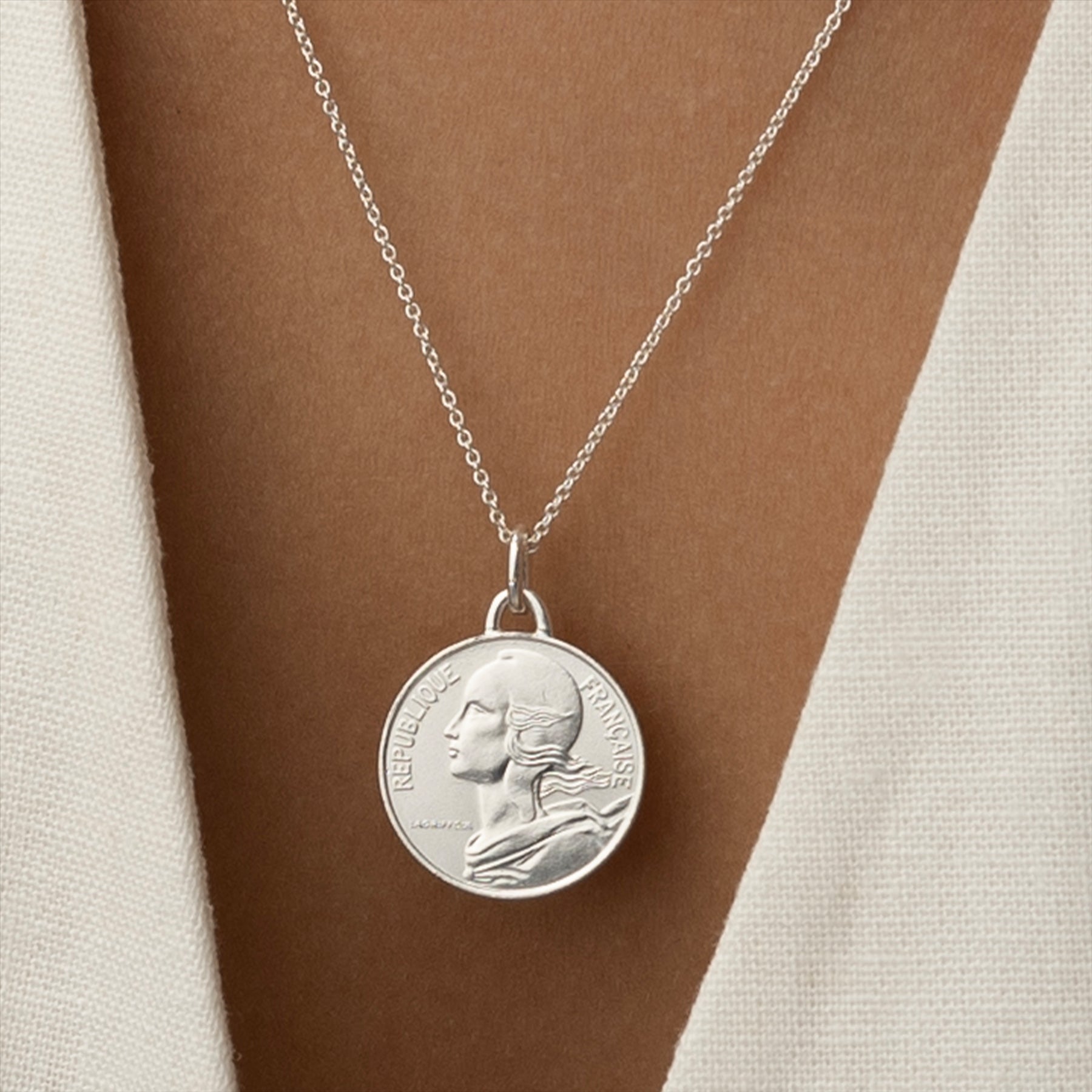 French Coin Necklace | Medallion Pendant Jewelry | Rhodium Plated 10 Centimes | 1966 - 2001