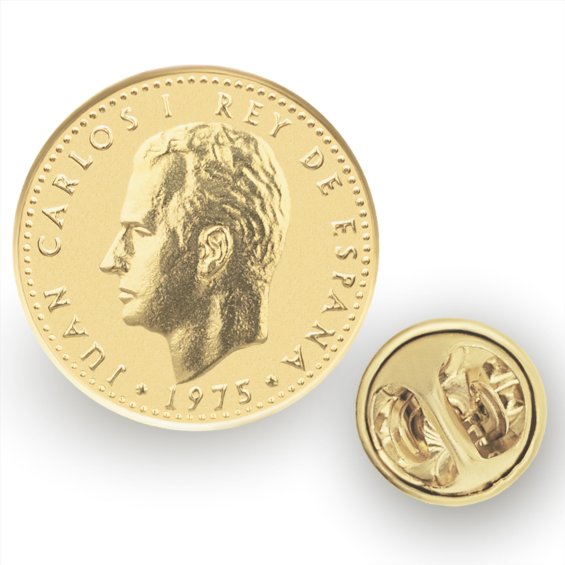 Broche et insigne de pièce de monnaie espagnole | Bijoux vintage de collection | 1 peseta plaquée or 18 carats | Roi Juan Carlos Ier