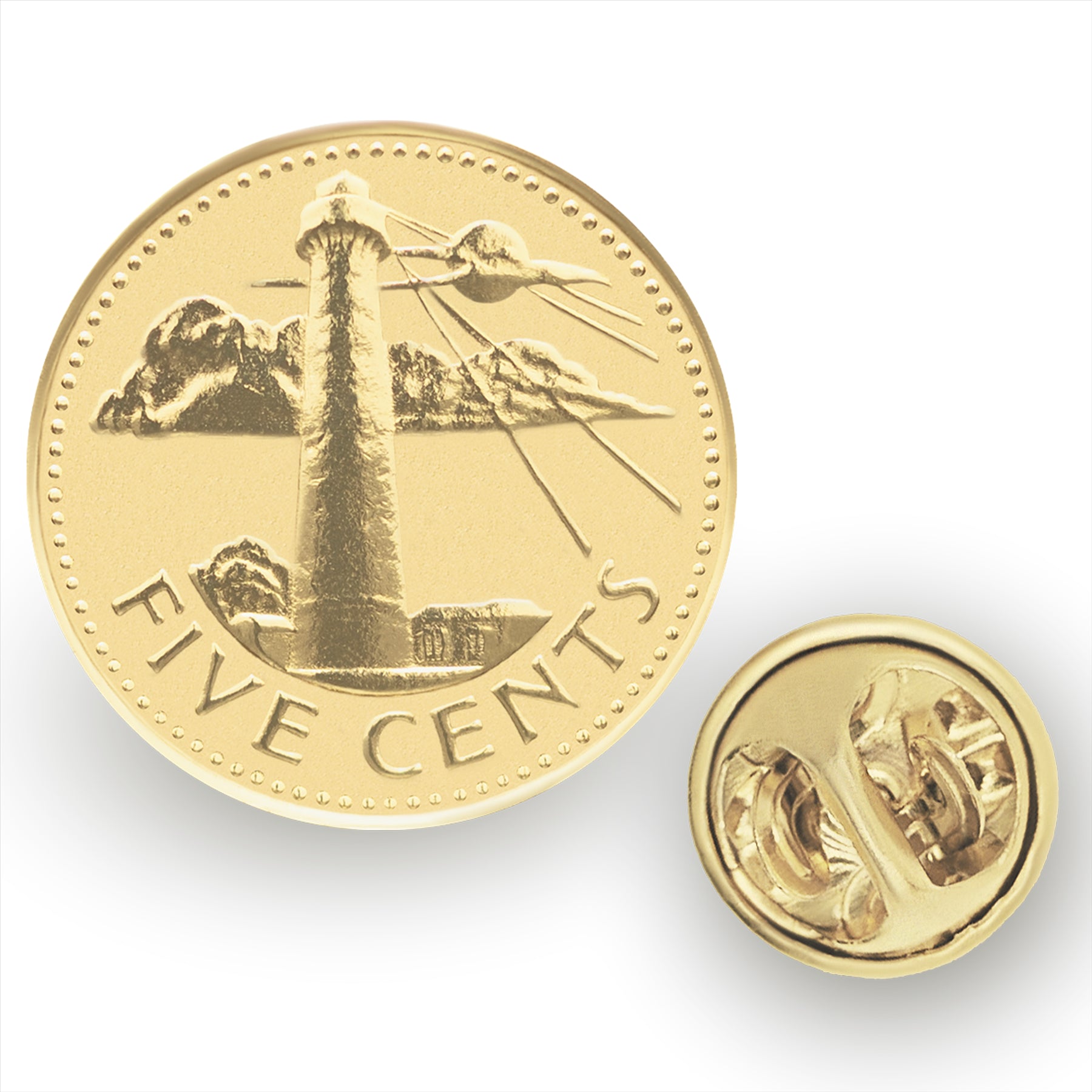 Barbados Coin Pin Brooch Badge | Lighthouse | Navy | Sailor | Journey | Vintage Collectible Jewelry | 5 Cents 18K Gold Plated