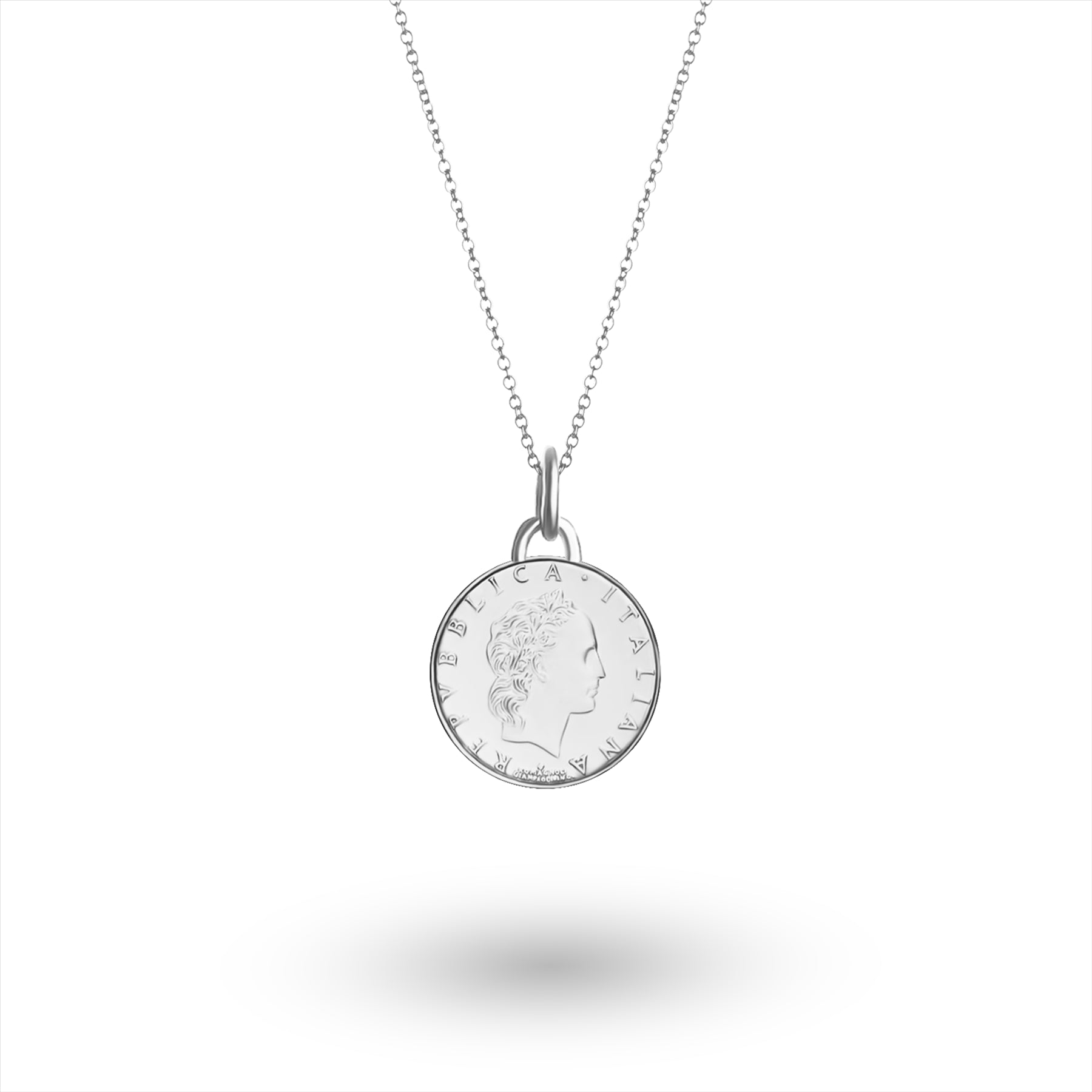 Collier avec pièce de monnaie italienne | Pendentif médaillon | Plaqué rhodium 50 lires | 1990-1995