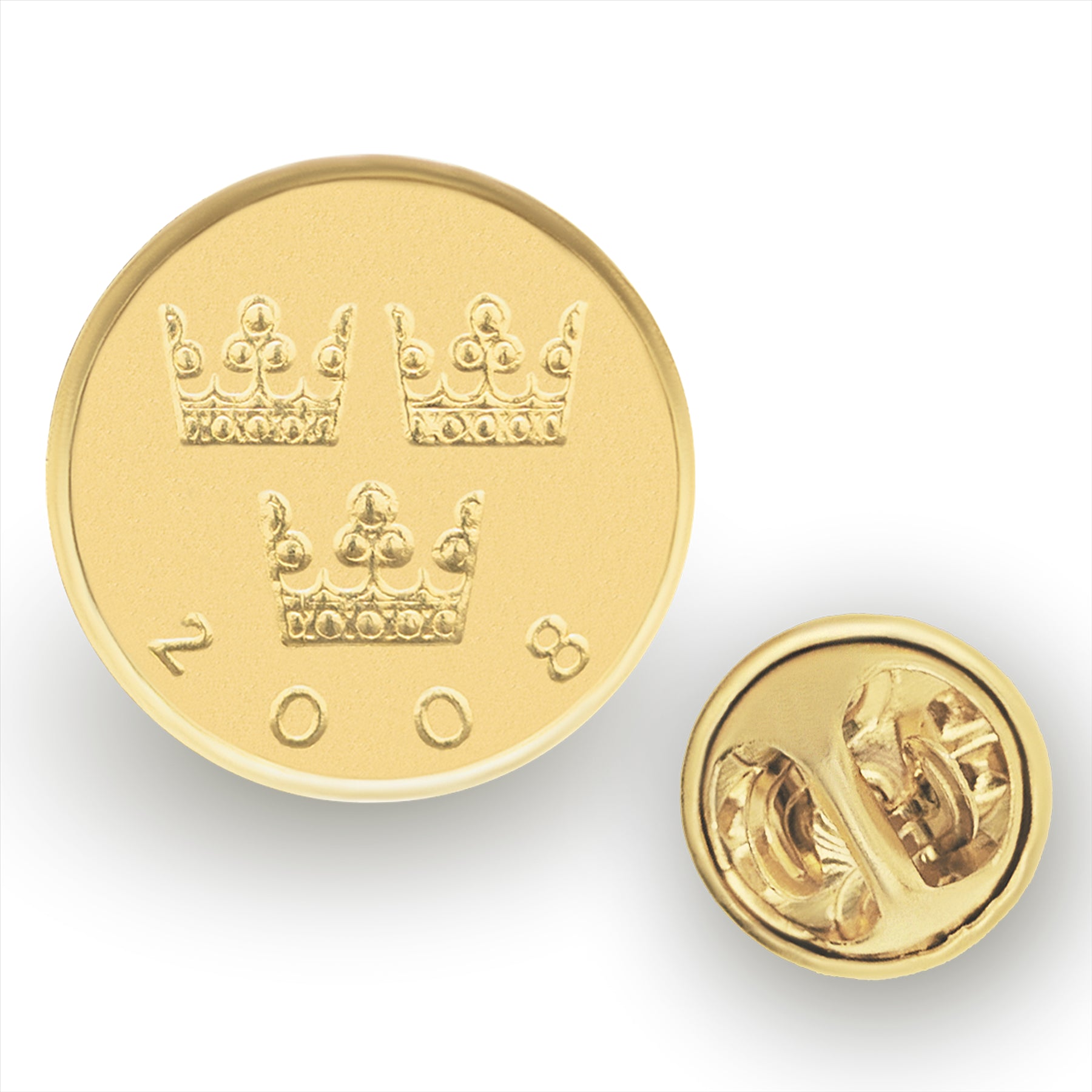 Broche et badge pièce de monnaie suédoise | Bijoux vintage de collection | Plaqué or 18 carats | Trois couronnes