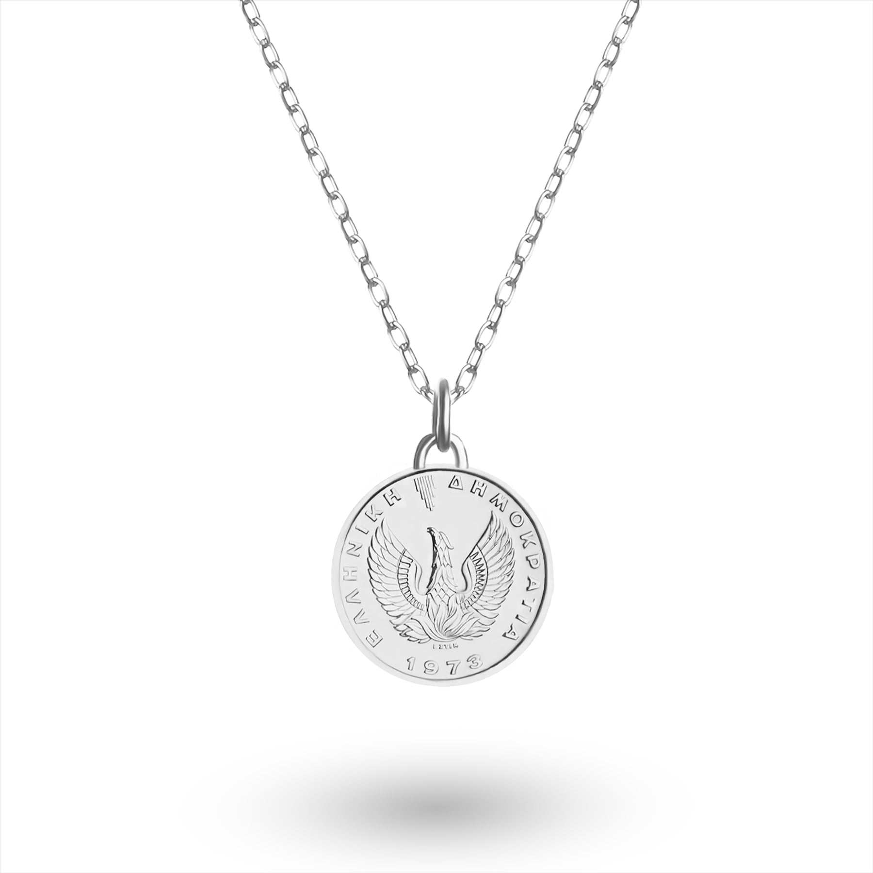 Collier plaqué rhodium avec véritable pièce grecque d'une drachme | Médaillon | Chouette | 1973