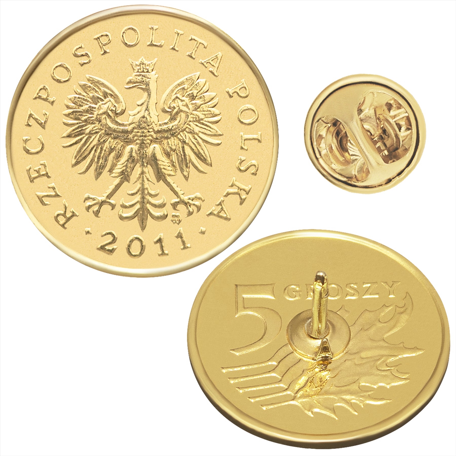 Broche et insigne de pièce de monnaie polonaise | Bijou de collection vintage | 5 Grosz plaqué or 18 carats | Aigle | Symbole de la fierté polonaise