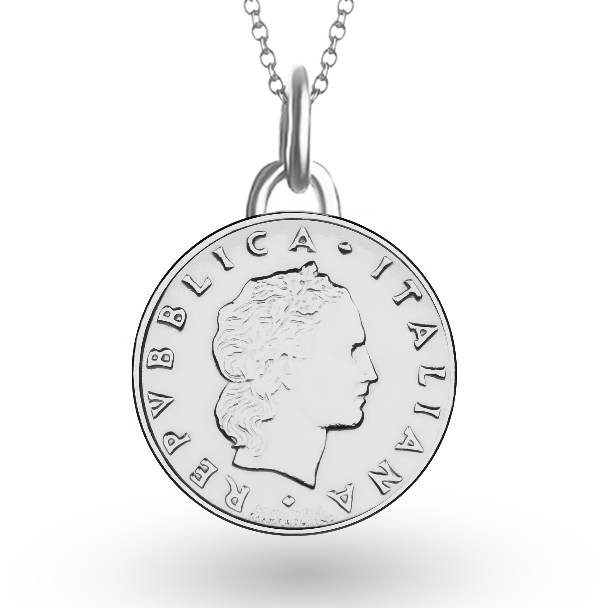 Italian Coin Necklace | Medallion Pendant Jewelry | Rhodium Plated 50 Lira | 1990 - 1995
