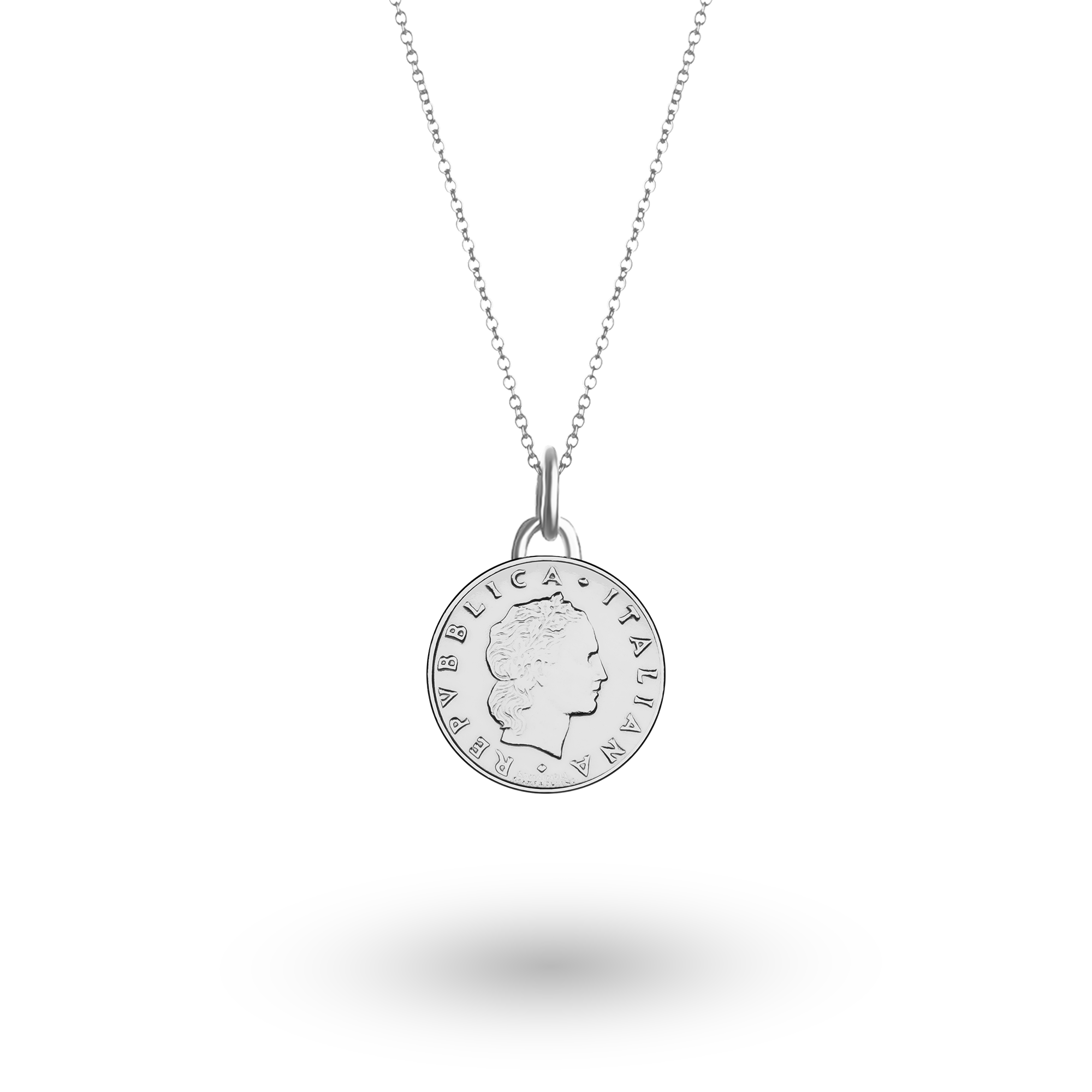 Italian Coin Necklace | Medallion Pendant Jewelry | Rhodium Plated 50 Lira | 1990 - 1995