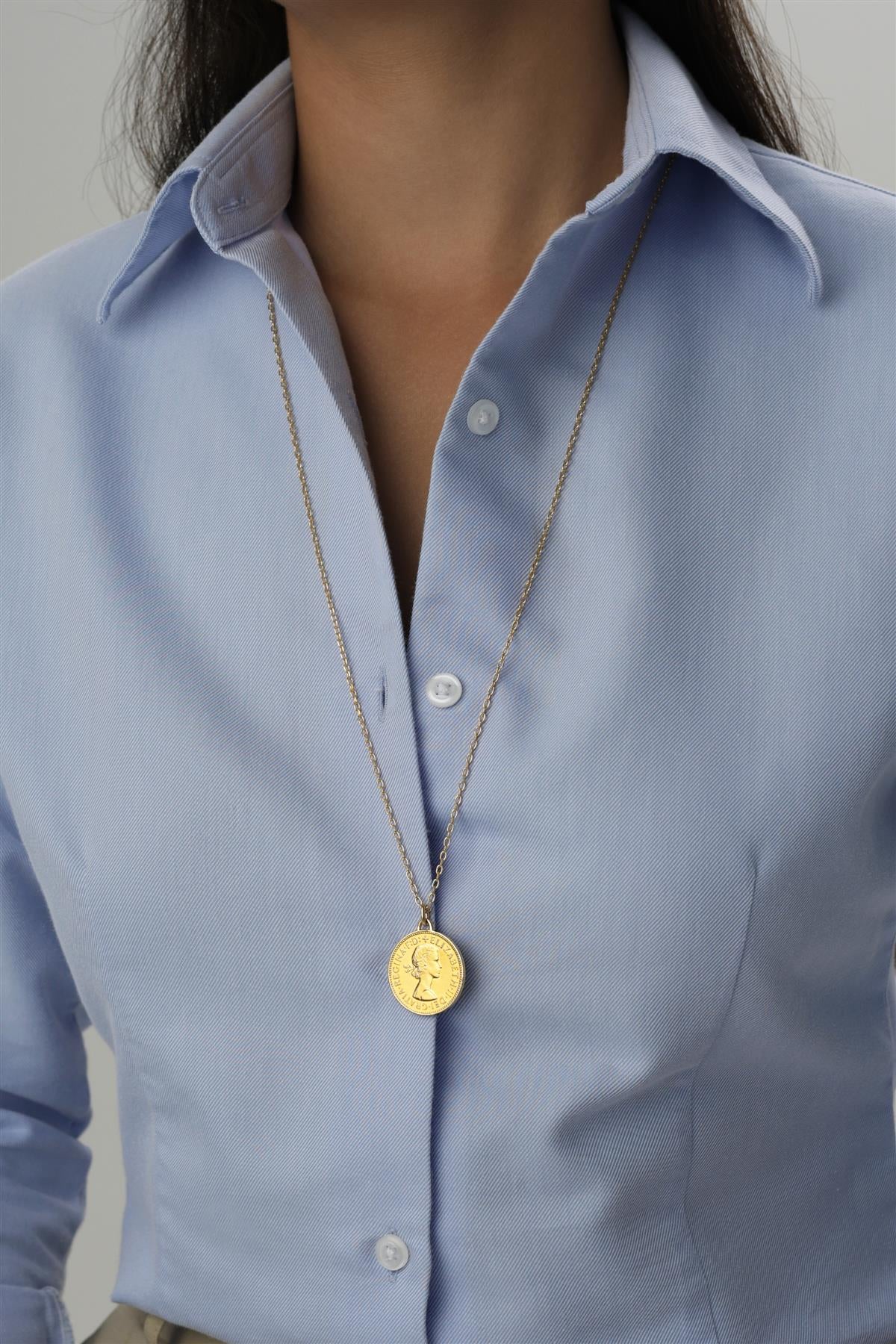 British Coin Necklace | Medallion Pendant Jewelry | 18K Gold Plated 1/2 Penny | Queen Elizabeth II | 1954 - 1970