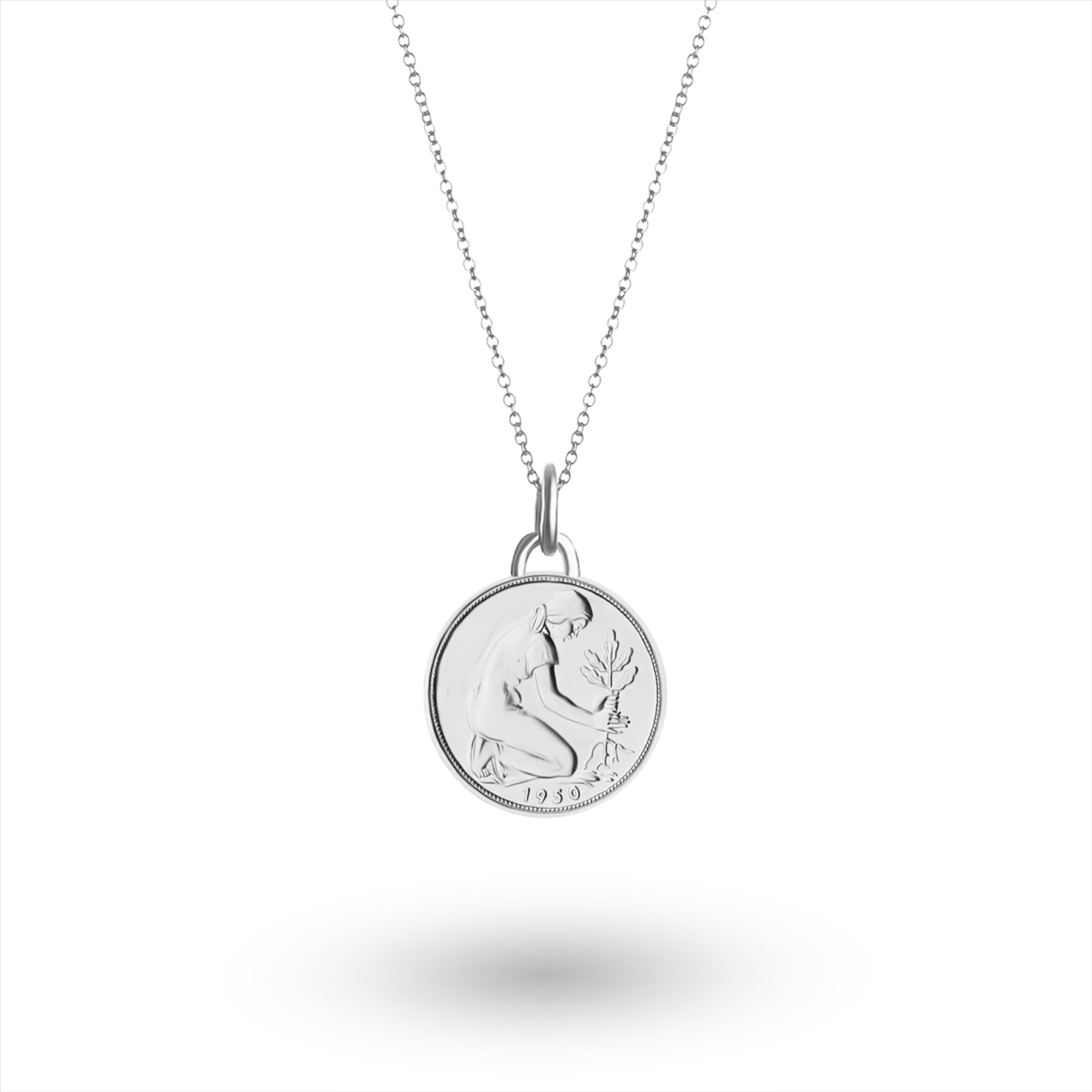 German Coin Necklace | Medallion Pendant Jewelry | Rhodium Plated 50 Pfennigs | 1950 - 2001