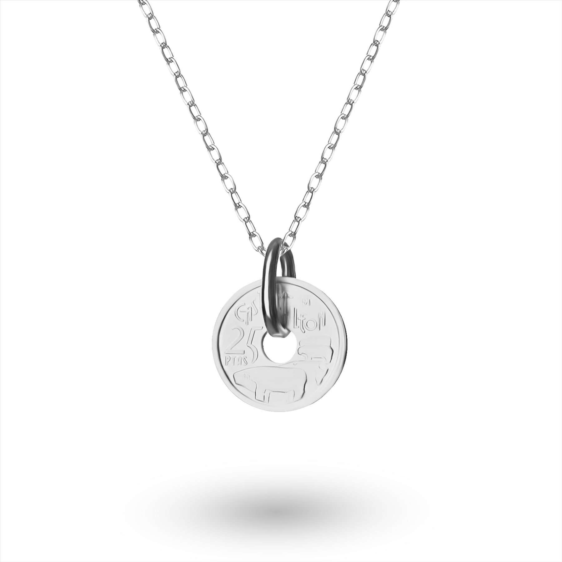 Collier avec pièce de monnaie espagnole | Pendentif médaillon | 5 pesetas plaquées rhodium | Castille-et-León | 1995