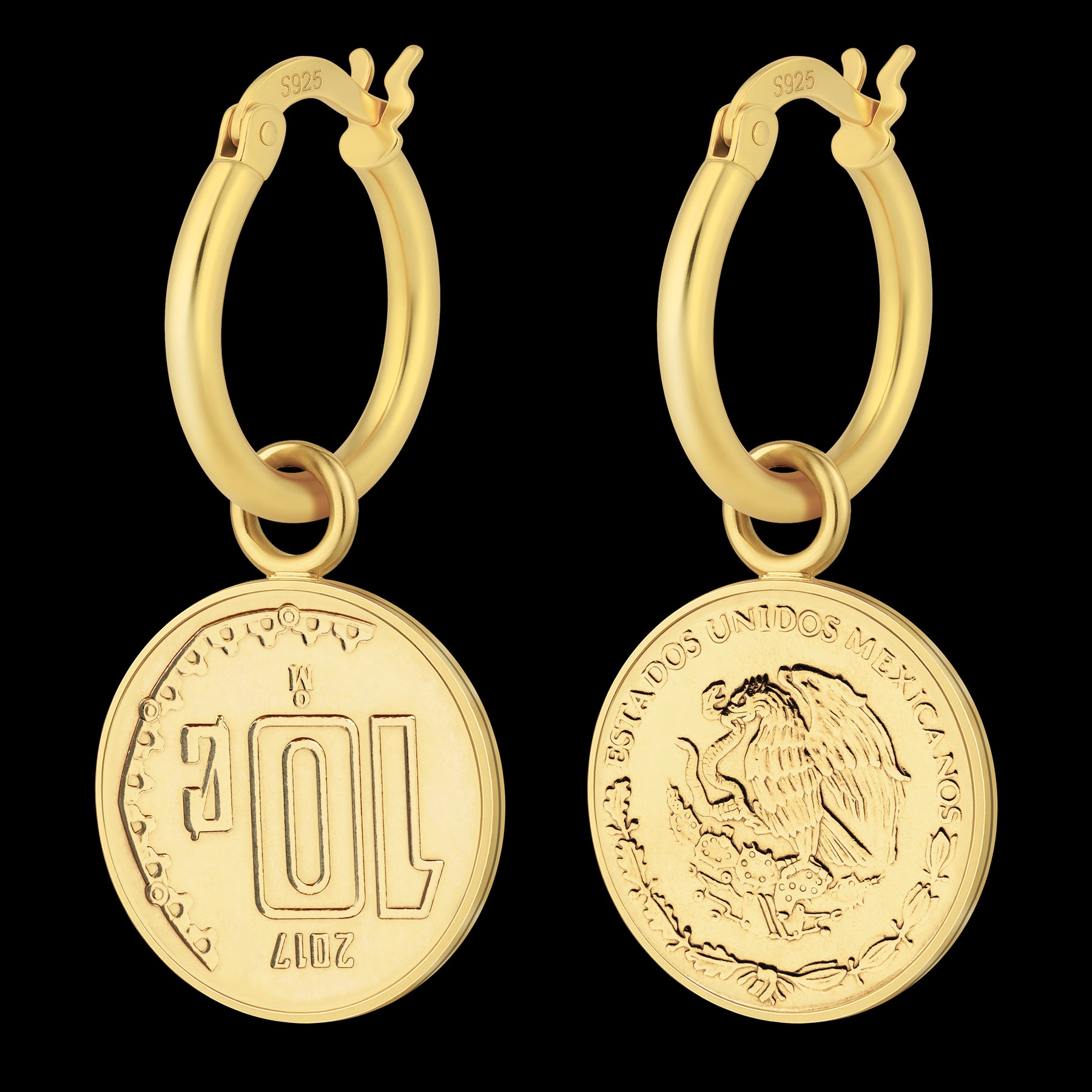 Silver Hoop Earrings | Mexican 10 Centavos Coin Charms | 18K Gold Plated