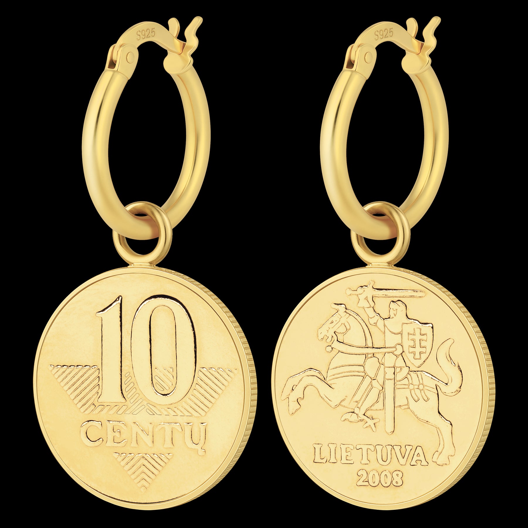 Silver Hoop Earrings | Lithuanian 10 Centų Coin Charms | 18K Gold Plated